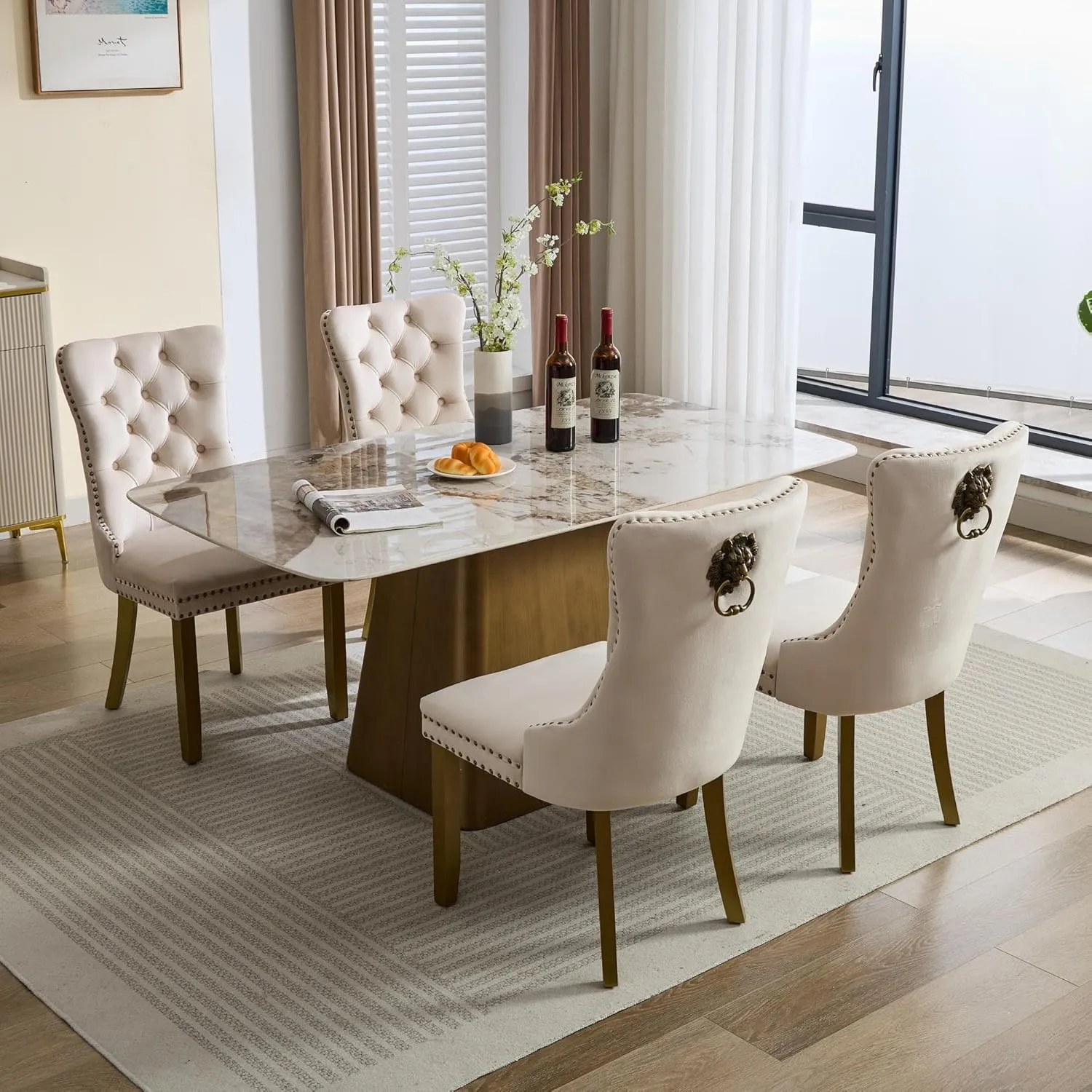 Dining Chairs Set of 2 Mid-Century Modern Chairs with Lion Head Pull Ring, Velvet Upholstered Dining Chair with Golden Wooden Legs Nailhead Trim for Kitchen Bedroom Dining Room (Beige)