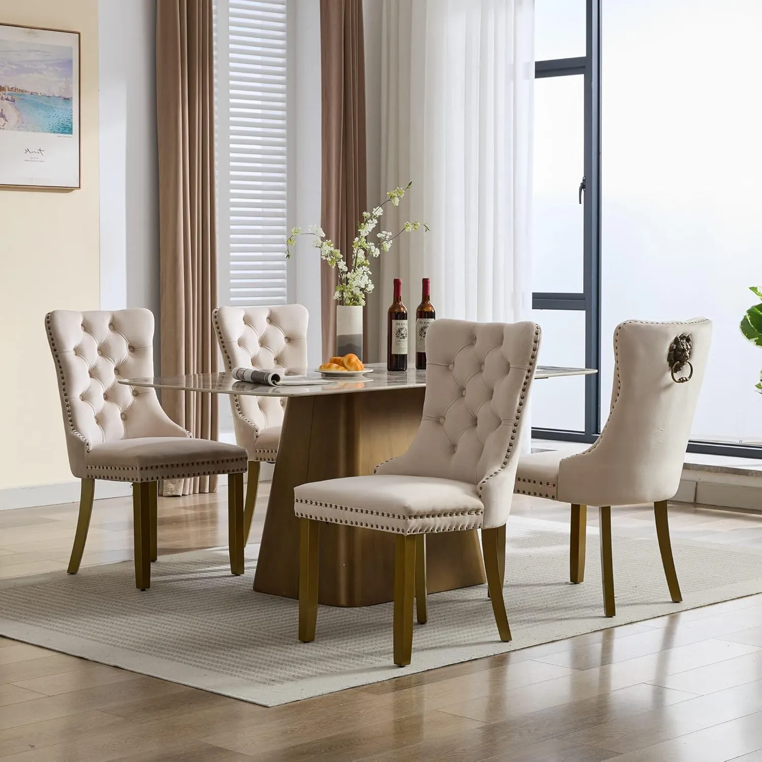 Dining Chairs Set of 2 Mid-Century Modern Chairs with Lion Head Pull Ring, Velvet Upholstered Dining Chair with Golden Wooden Legs Nailhead Trim for Kitchen Bedroom Dining Room (Beige)