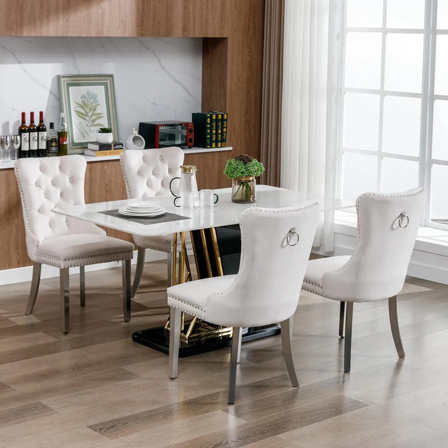 Dining Chairs Set of 2 Velvet Upholstered Tufted Back with Nailhead Trim and Back Ring Pull Decoration, Stainless Steel Plating Legs for Kitchen Bedroom Dining Room (Beige and Chrome)