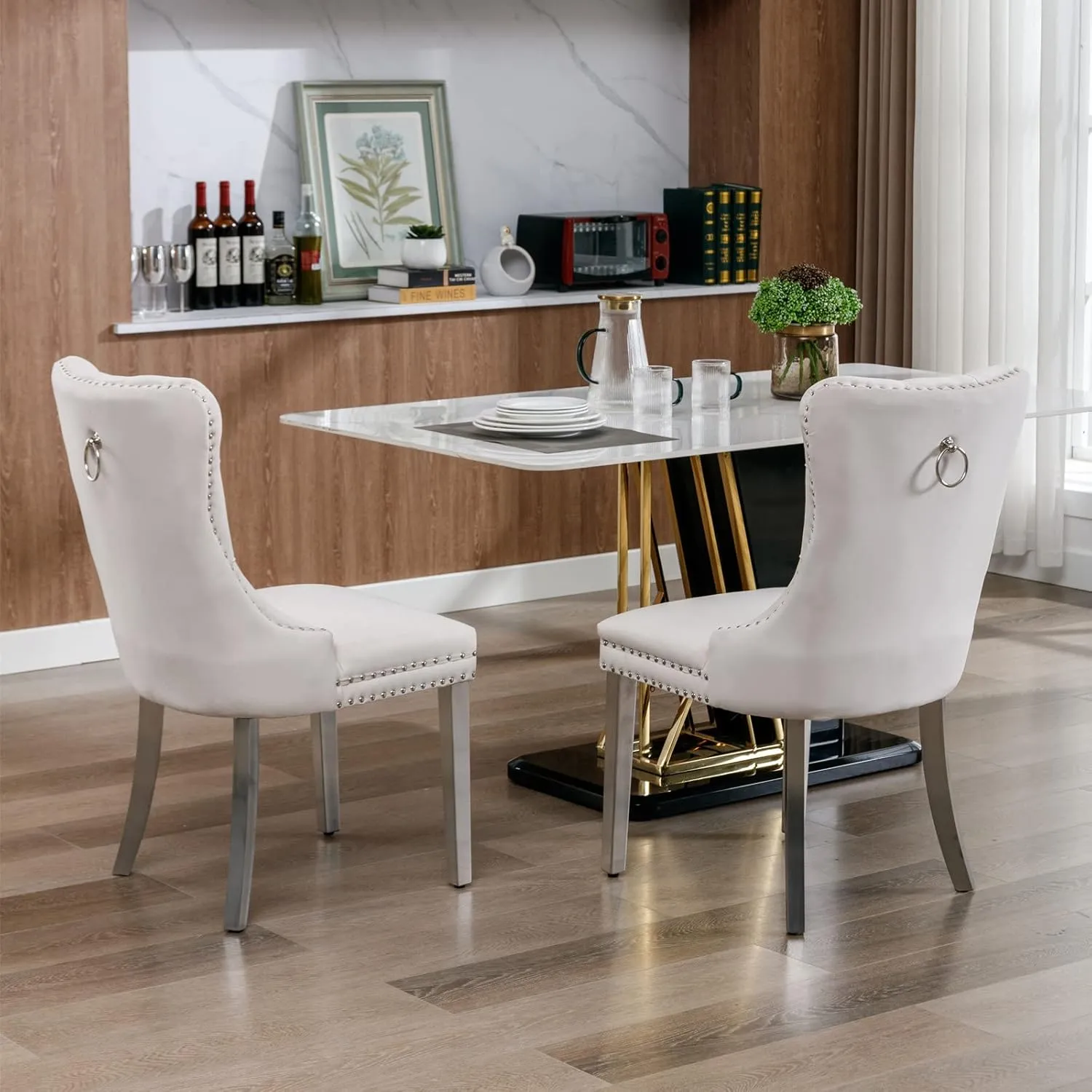 Dining Chairs Set of 2 Velvet Upholstered Tufted Back with Nailhead Trim and Back Ring Pull Decoration, Stainless Steel Plating Legs for Kitchen Bedroom Dining Room (Beige and Chrome)