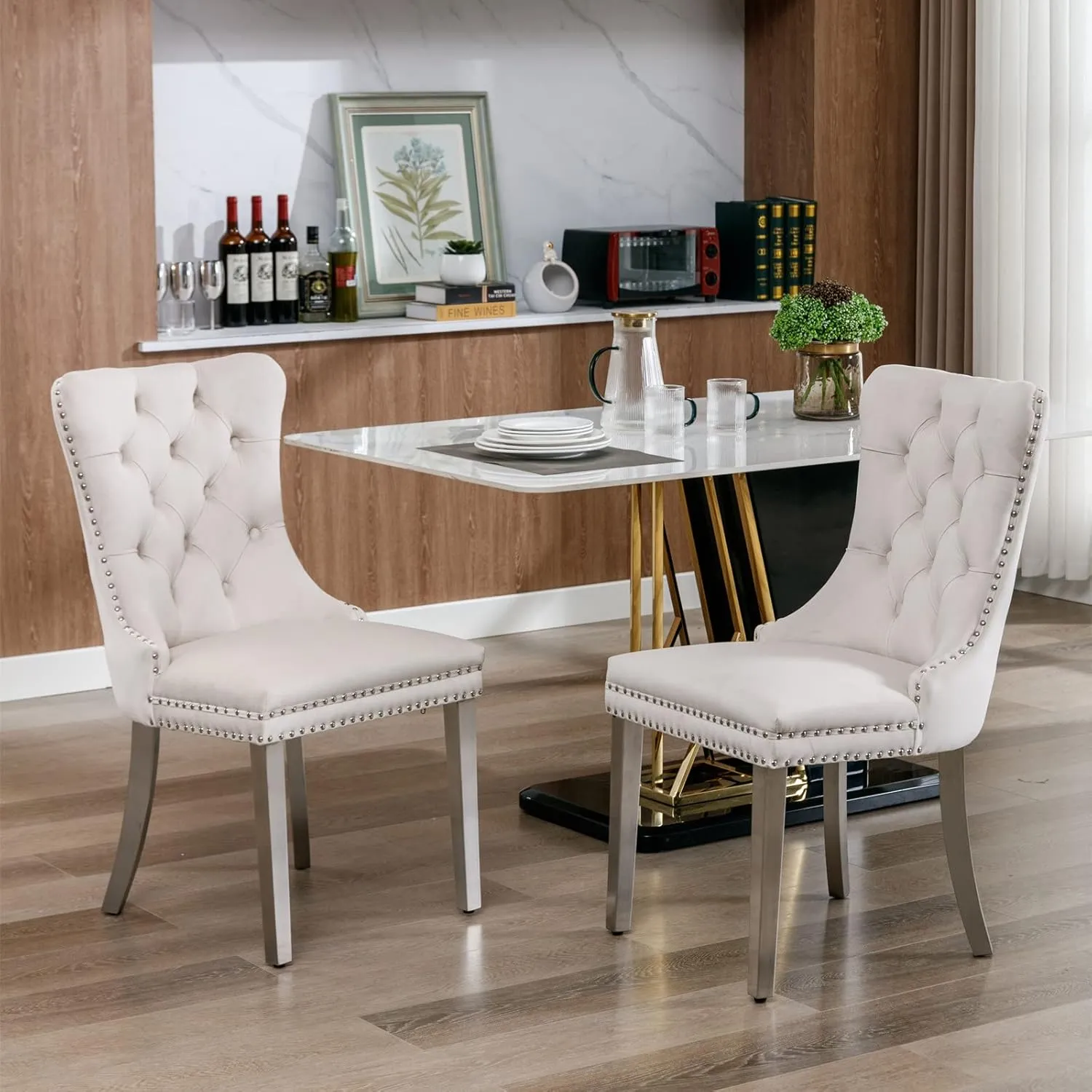 Dining Chairs Set of 2 Velvet Upholstered Tufted Back with Nailhead Trim and Back Ring Pull Decoration, Stainless Steel Plating Legs for Kitchen Bedroom Dining Room (Beige and Chrome)