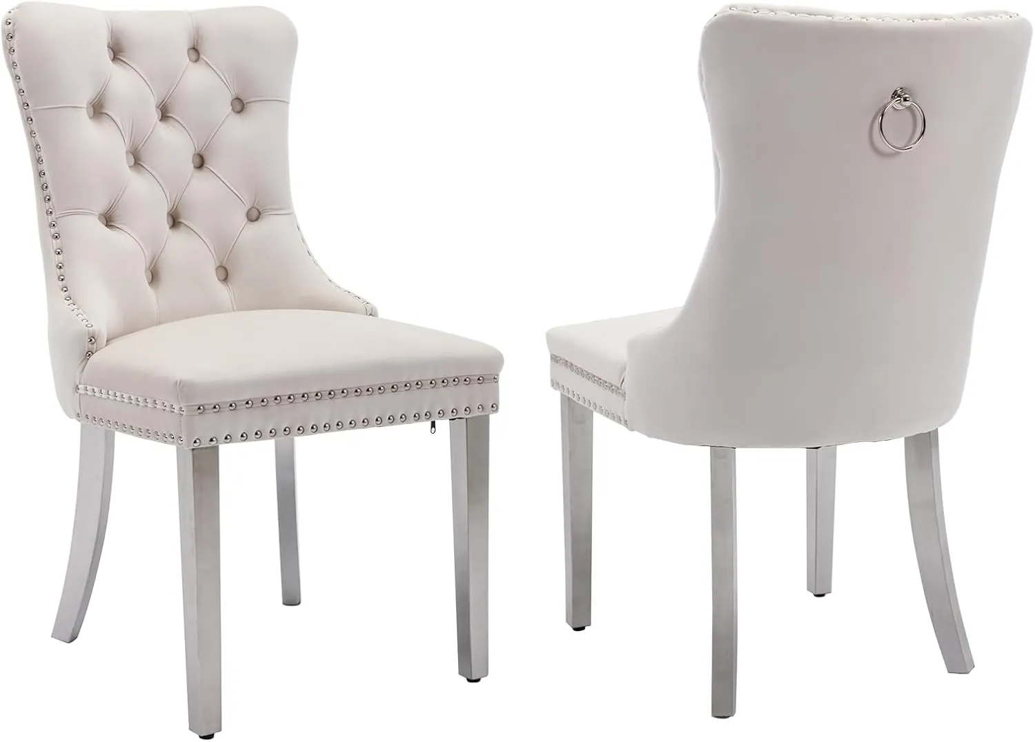 Dining Chairs Set of 2 Velvet Upholstered Tufted Back with Nailhead Trim and Back Ring Pull Decoration, Stainless Steel Plating Legs for Kitchen Bedroom Dining Room (Beige and Chrome)