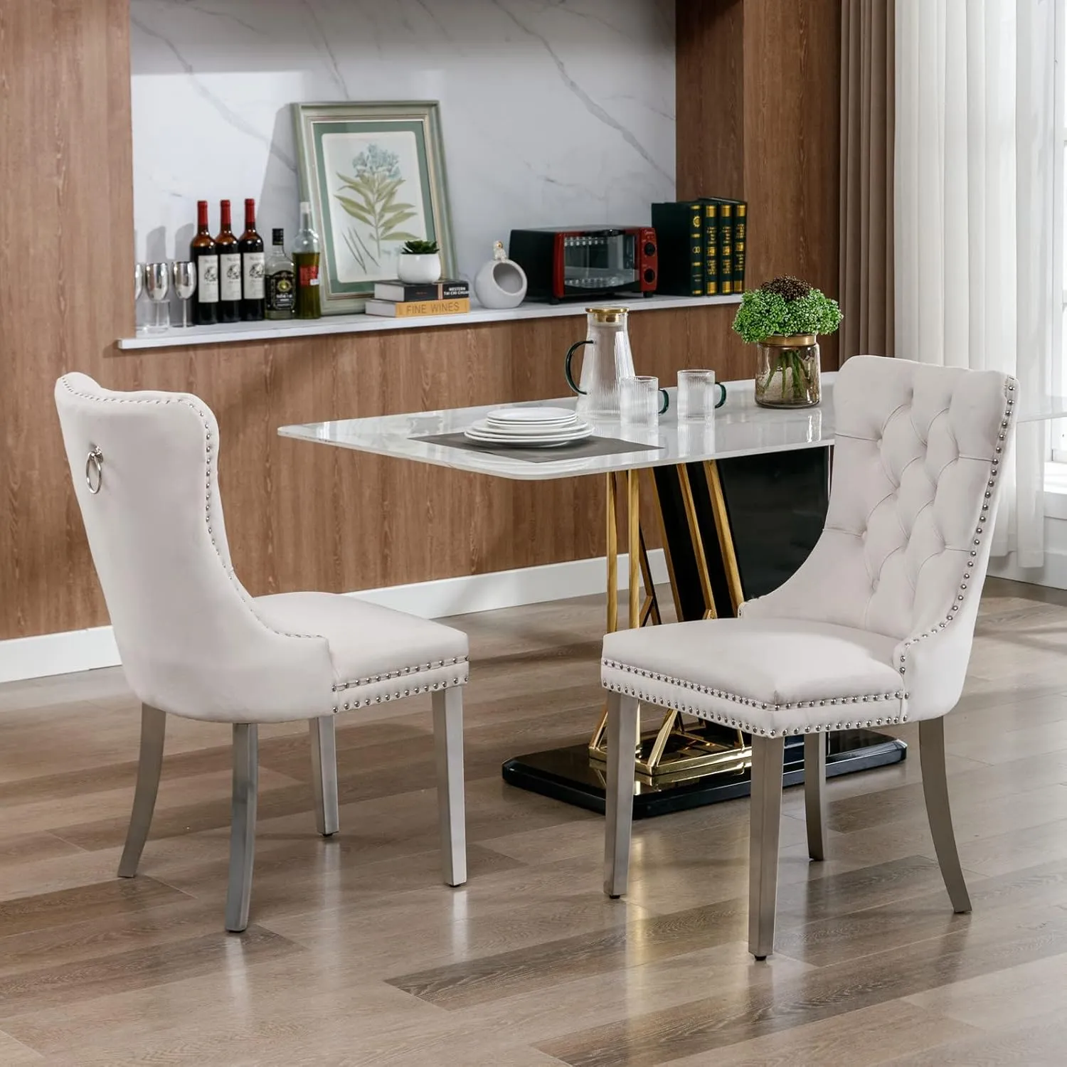 Dining Chairs Set of 2 Velvet Upholstered Tufted Back with Nailhead Trim and Back Ring Pull Decoration, Stainless Steel Plating Legs for Kitchen Bedroom Dining Room (Beige and Chrome)