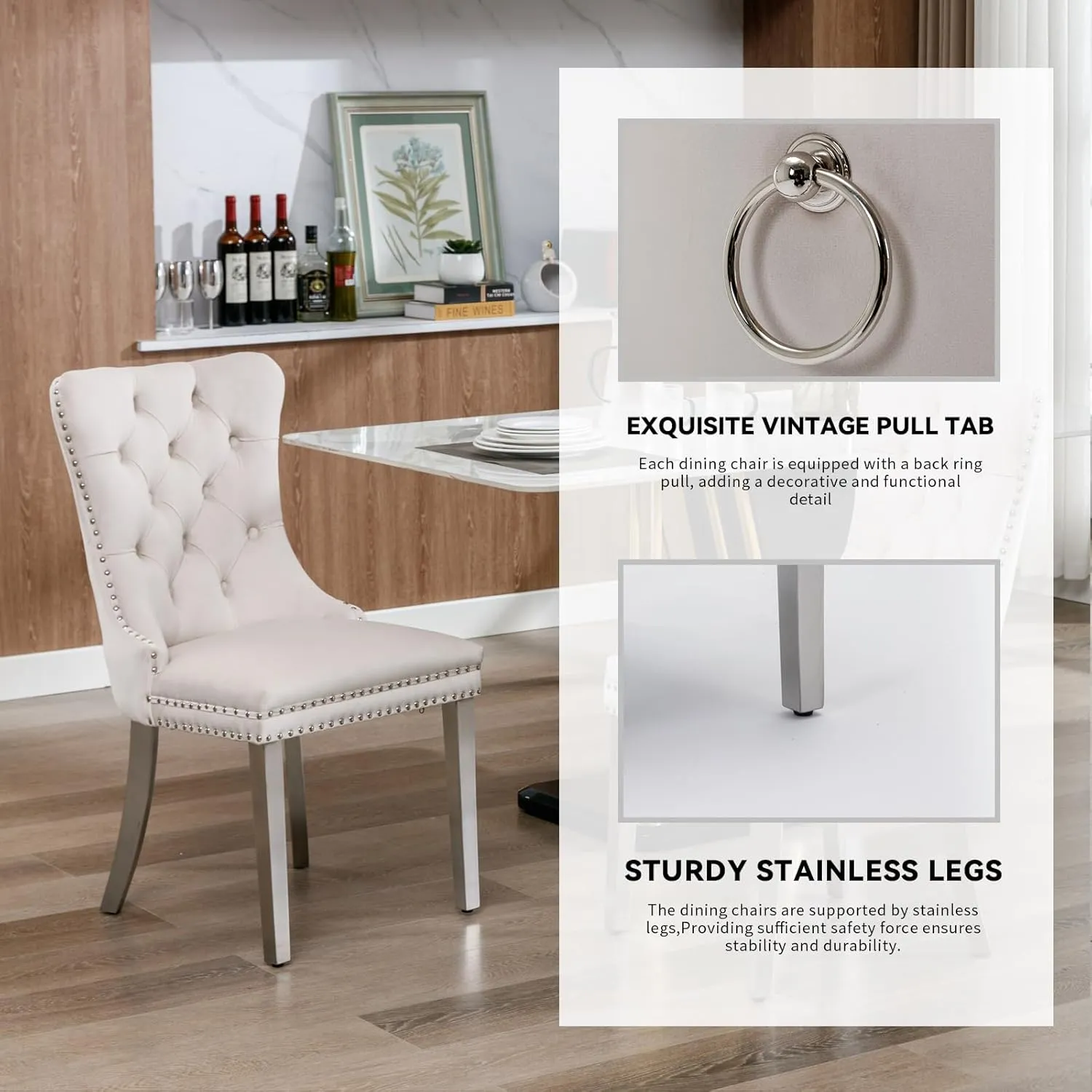 Dining Chairs Set of 2 Velvet Upholstered Tufted Back with Nailhead Trim and Back Ring Pull Decoration, Stainless Steel Plating Legs for Kitchen Bedroom Dining Room (Beige and Chrome)