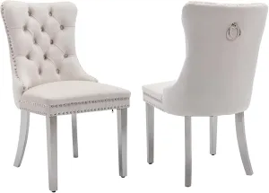 Dining Chairs Set of 2 Velvet Upholstered Tufted Back with Nailhead Trim and Back Ring Pull Decoration, Stainless Steel Plating Legs for Kitchen Bedroom Dining Room (Beige and Chrome)