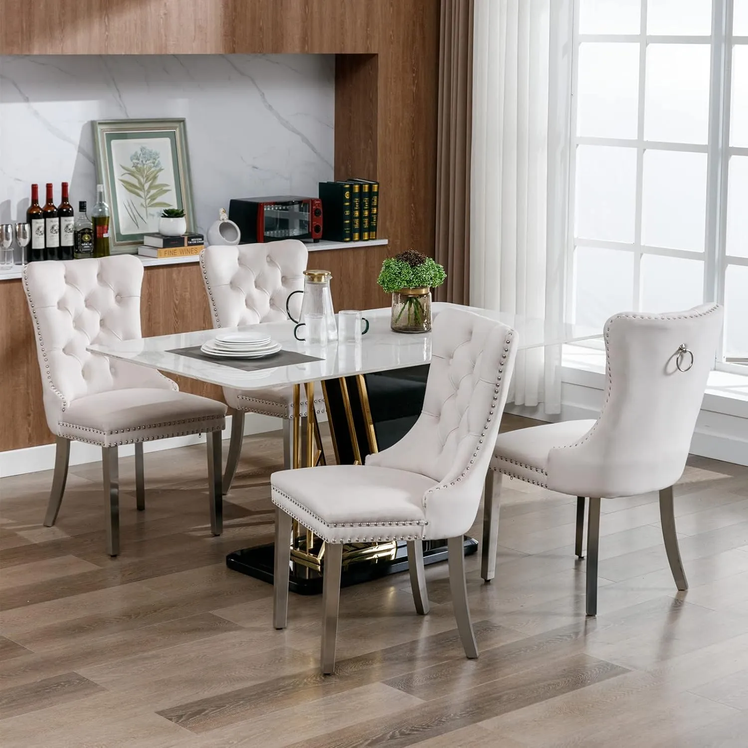 Dining Chairs Set of 2 Velvet Upholstered Tufted Back with Nailhead Trim and Back Ring Pull Decoration, Stainless Steel Plating Legs for Kitchen Bedroom Dining Room (Beige and Chrome)