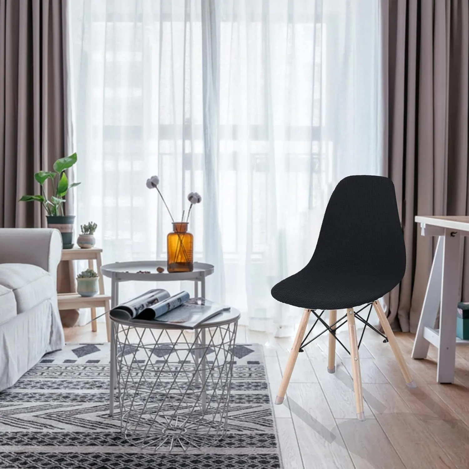 Dining Room Shell Side Chair Covers Reusable Eames Chair Slipcovers Eiffel Inspired DSW Elasti Chair Cover Lounge Armless Tulip Chair Protector Set of 4,Black
