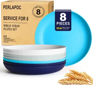 Dinner Plates Set of 8 - Wheat Straw Large Deep Unbreakable Plastic Plates - Island Color