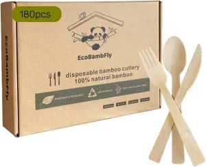 Disposable Bamboo Cutlery (90forks 45spoons 45knives) Reusable 100% Compostable Biodegradable Sustainable flatware Wooden Plastic Alternatives Durable utensils Parties Picnics Weddings