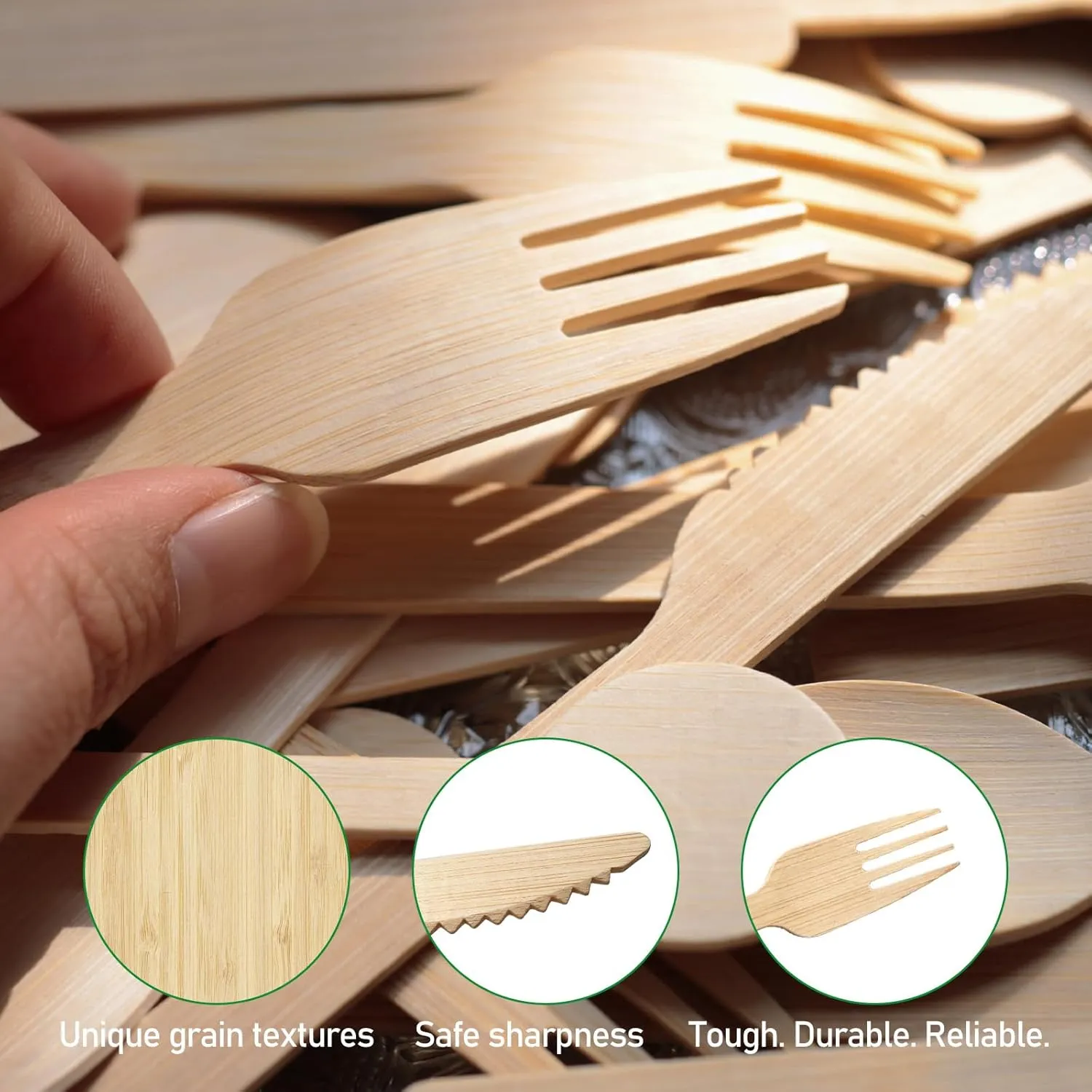 Disposable Bamboo Cutlery (90forks 45spoons 45knives) Reusable 100% Compostable Biodegradable Sustainable flatware Wooden Plastic Alternatives Durable utensils Parties Picnics Weddings