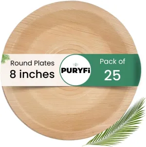 Disposable Palm Leaf 8" Round Plates (Pack of 25) Bamboo Like Serving Platters, Disposable Boards, Eco-Friendly Dinnerware For Weddings, Catering, Events