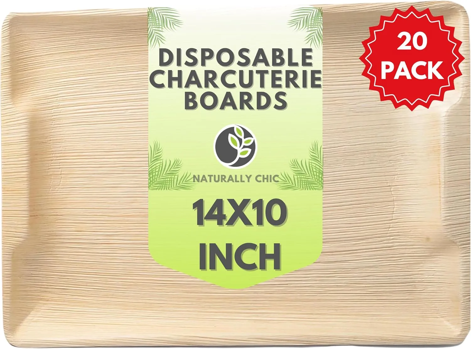 Disposable Palm Leaf Trays 14" x 10" Bamboo Serving Platters 20 Pack - Rectangle Compostable Disposable Charcuterie Boards and Party Platters - Weddings and Catering Trays