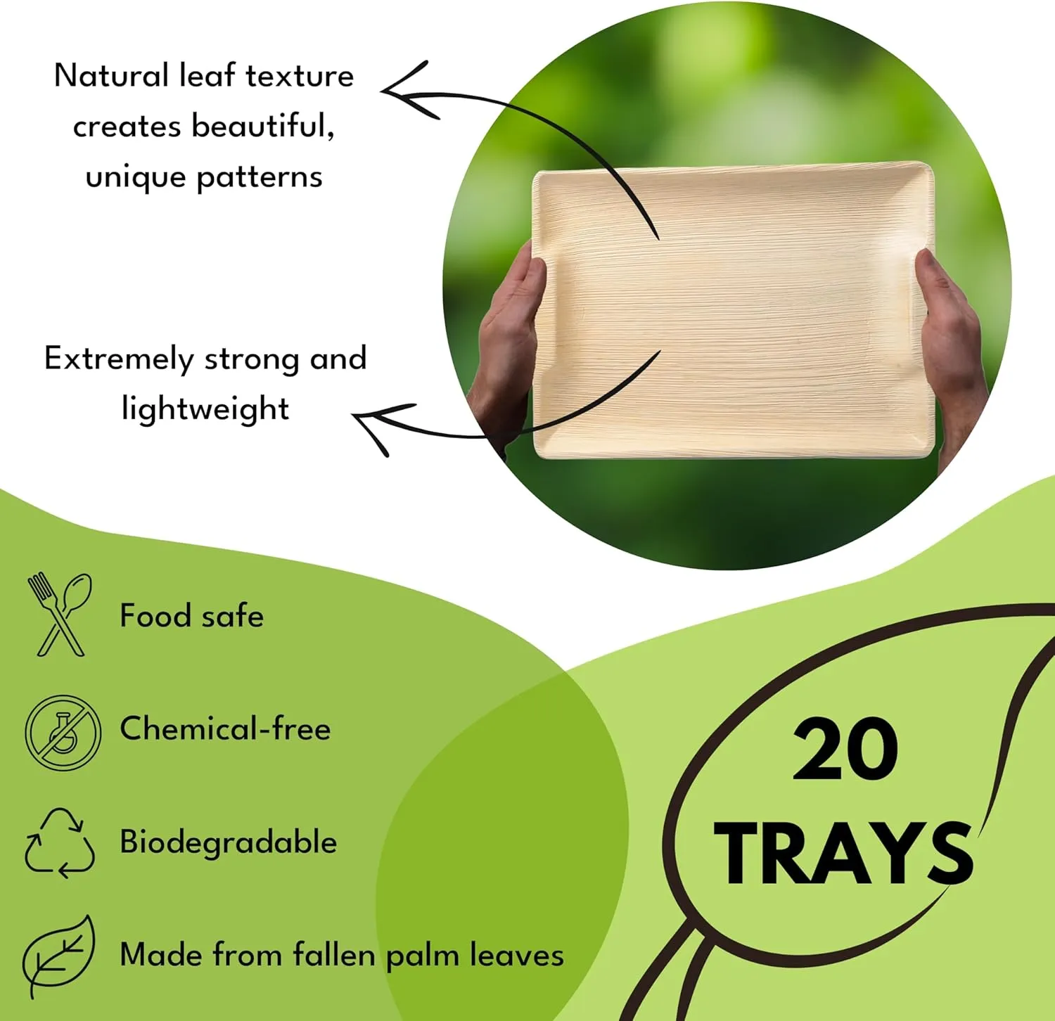 Disposable Palm Leaf Trays 14" x 10" Bamboo Serving Platters 20 Pack - Rectangle Compostable Disposable Charcuterie Boards and Party Platters - Weddings and Catering Trays