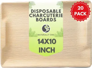 Disposable Palm Leaf Trays 14" x 10" Bamboo Serving Platters 20 Pack - Rectangle Compostable Disposable Charcuterie Boards and Party Platters - Weddings and Catering Trays