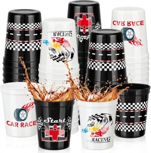 Domensi 24 Pcs Racing Car Party Cups 16oz Checkered Plastic Race Car Themed Stadium Cups Checkered Flag Favors Birthday Party Supplies