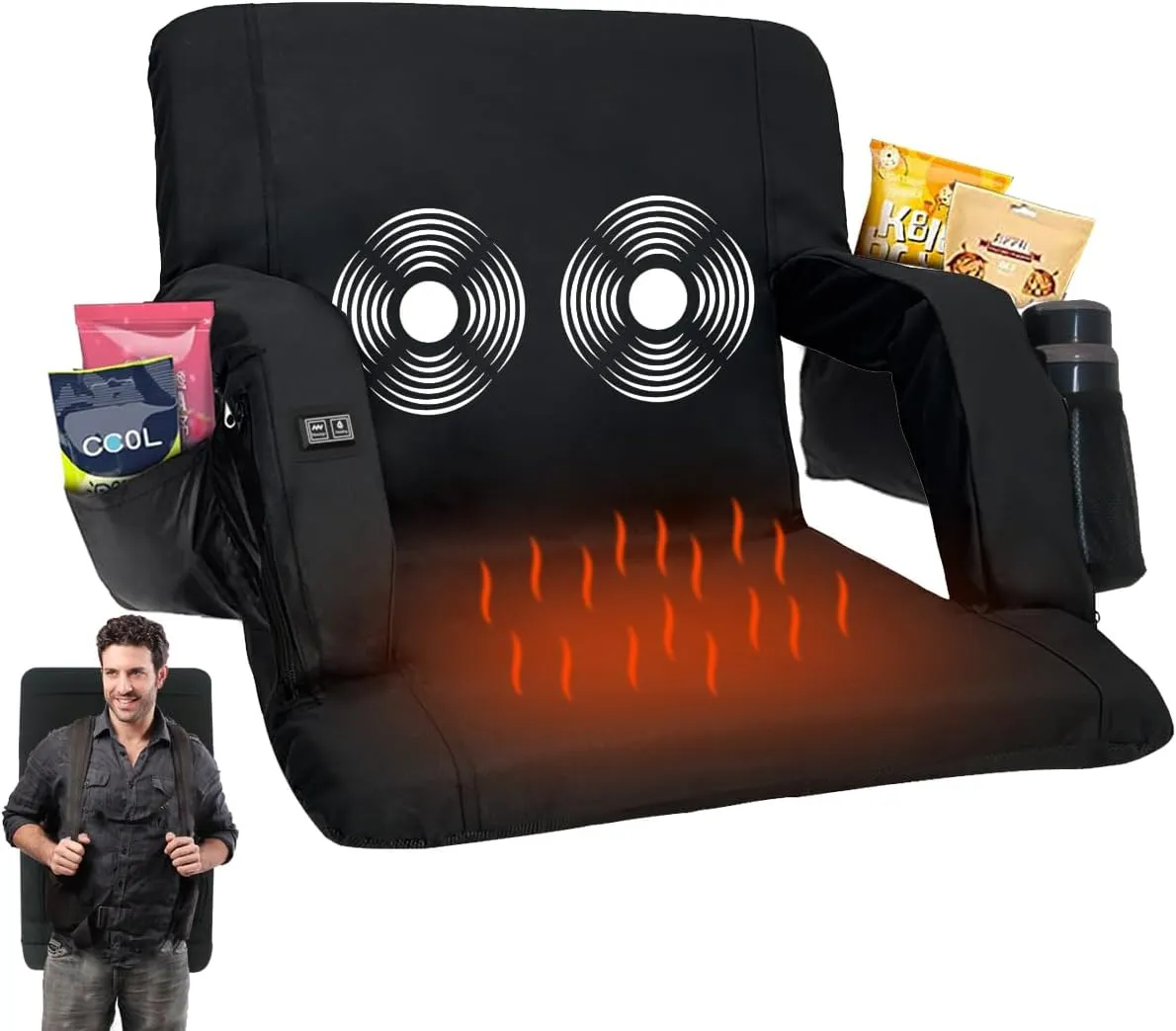 Double Heated Portable Reclining Bleachers Back Chair, Stadium Seats with Heated Back and Cushion, Outdoor Chair Cushion, Beach Chair , Stadium Chair with Back and Arm Support for Sport Events