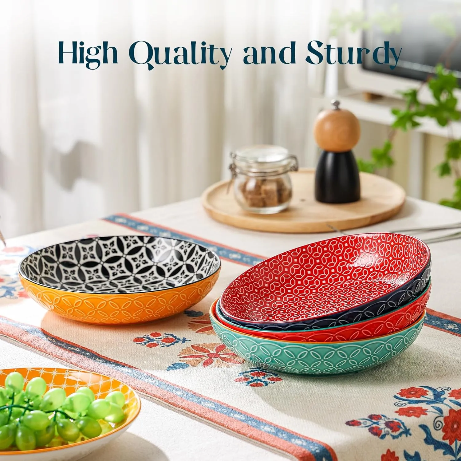 DOWAN 8.5" Vibrant Pasta, Salad & Soup Serving Bowls Set of 4, Embossed Large Porcelain Ceramic, Microwave, Oven & Dishwasher Safe, Bonita Design Perfect for Daily Dining, Family Gatherings, Party