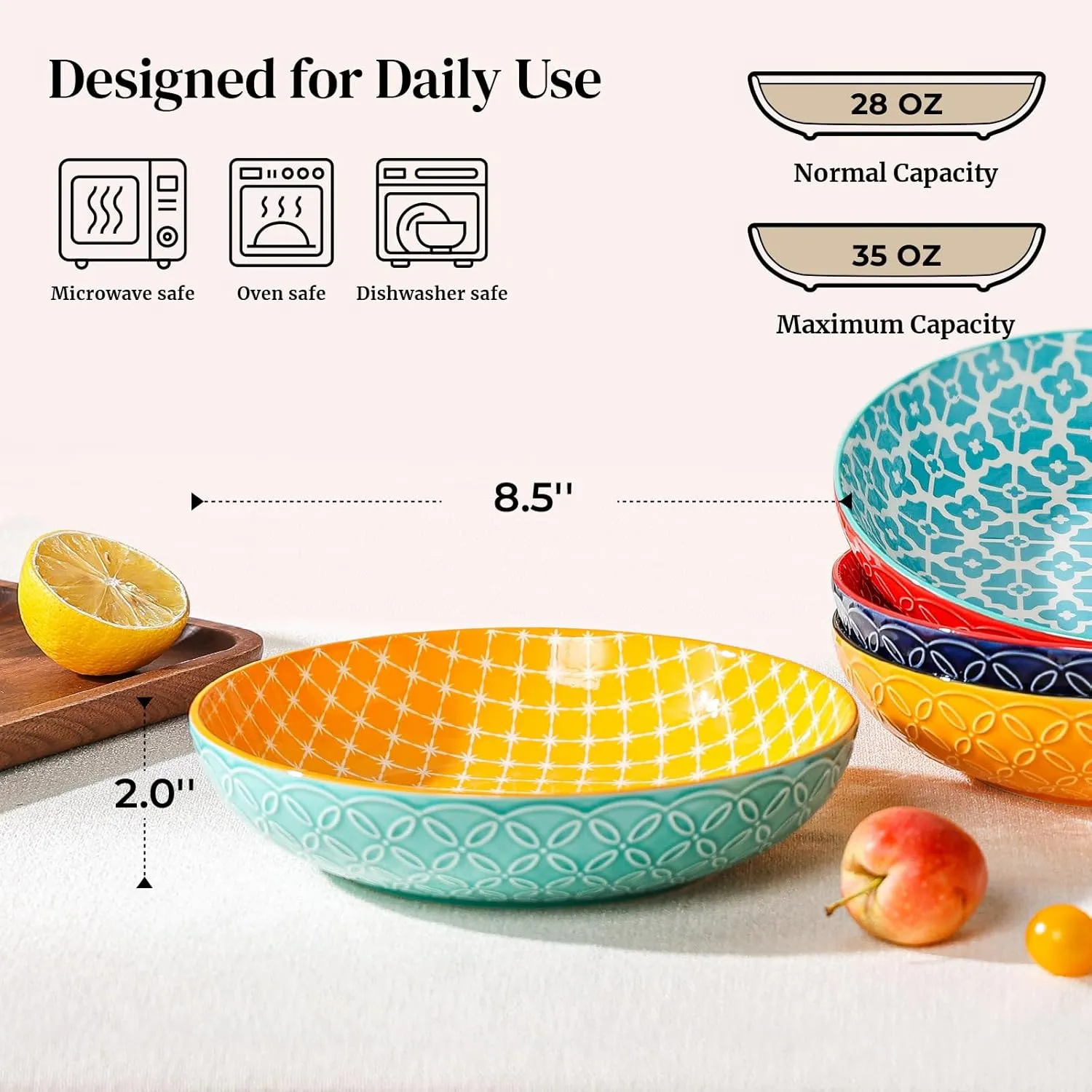 DOWAN 8.5" Vibrant Pasta, Salad & Soup Serving Bowls Set of 4, Embossed Large Porcelain Ceramic, Microwave, Oven & Dishwasher Safe, Bonita Design Perfect for Daily Dining, Family Gatherings, Party