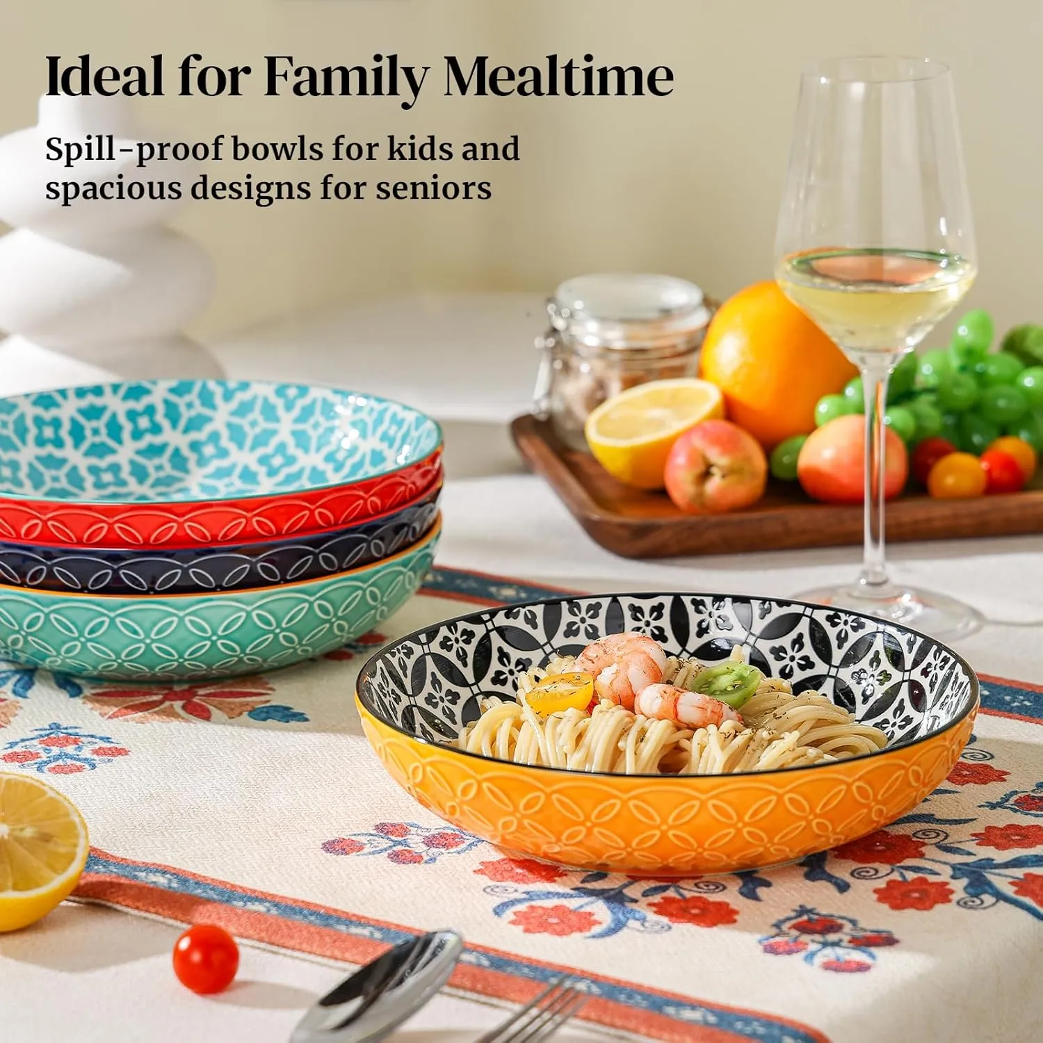 DOWAN 8.5" Vibrant Pasta, Salad & Soup Serving Bowls Set of 4, Embossed Large Porcelain Ceramic, Microwave, Oven & Dishwasher Safe, Bonita Design Perfect for Daily Dining, Family Gatherings, Party
