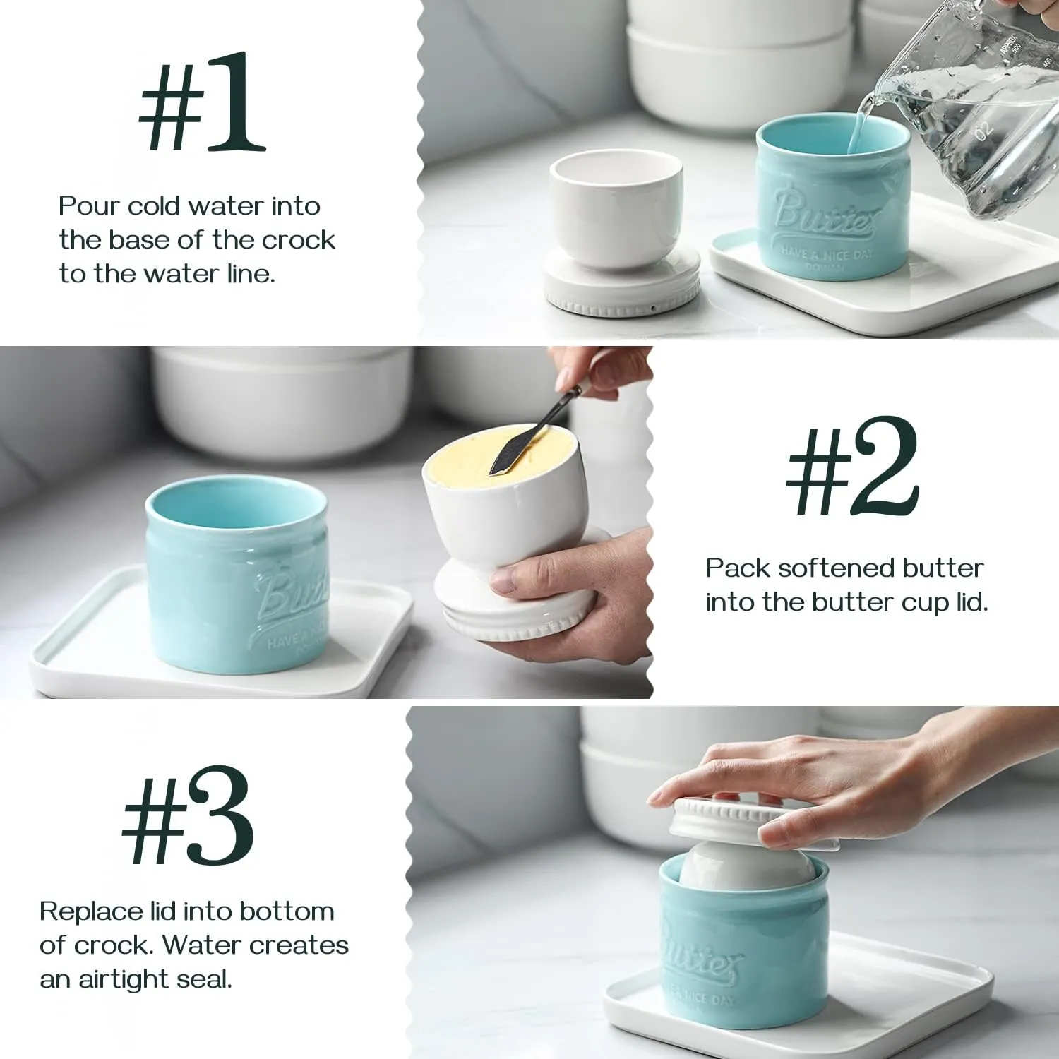 DOWAN Butter Crock, French Butter Dish for Spreadable Soft Butter, Ceramic Butter Keeper with Lid for countertop, Housewarming Gift for Wife Mom Friends, Blue