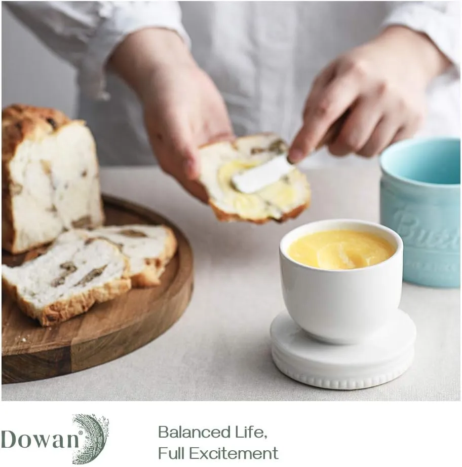 DOWAN Butter Crock, French Butter Dish for Spreadable Soft Butter, Ceramic Butter Keeper with Lid for countertop, Housewarming Gift for Wife Mom Friends, Blue