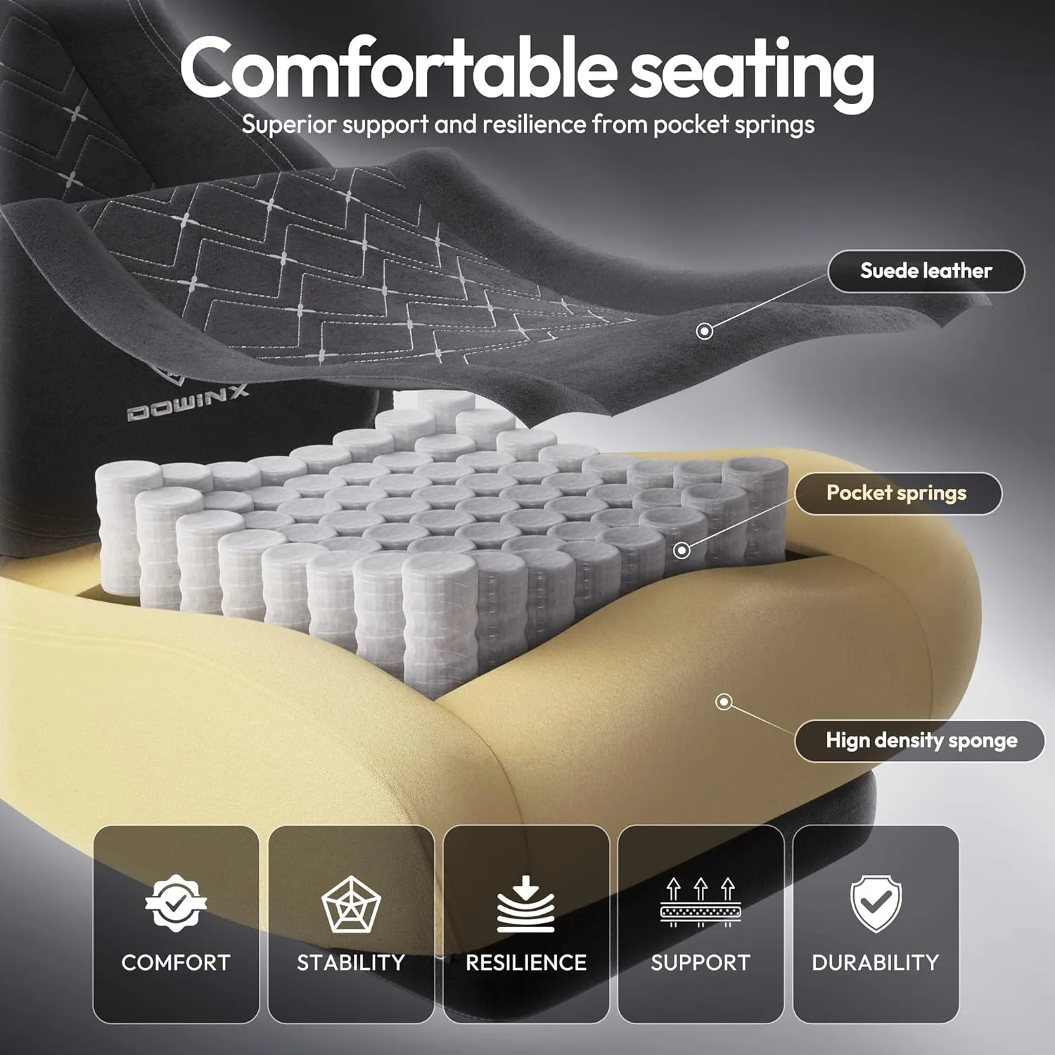 Dowinx Fabric Gaming Chair with Heated Massage Lumbar Support, Gamer Chairs for Adults, Big and Tall Game Chair with Pocket Spring Cushion and Footrest, Recliner High Back Chairs for Adult,Black