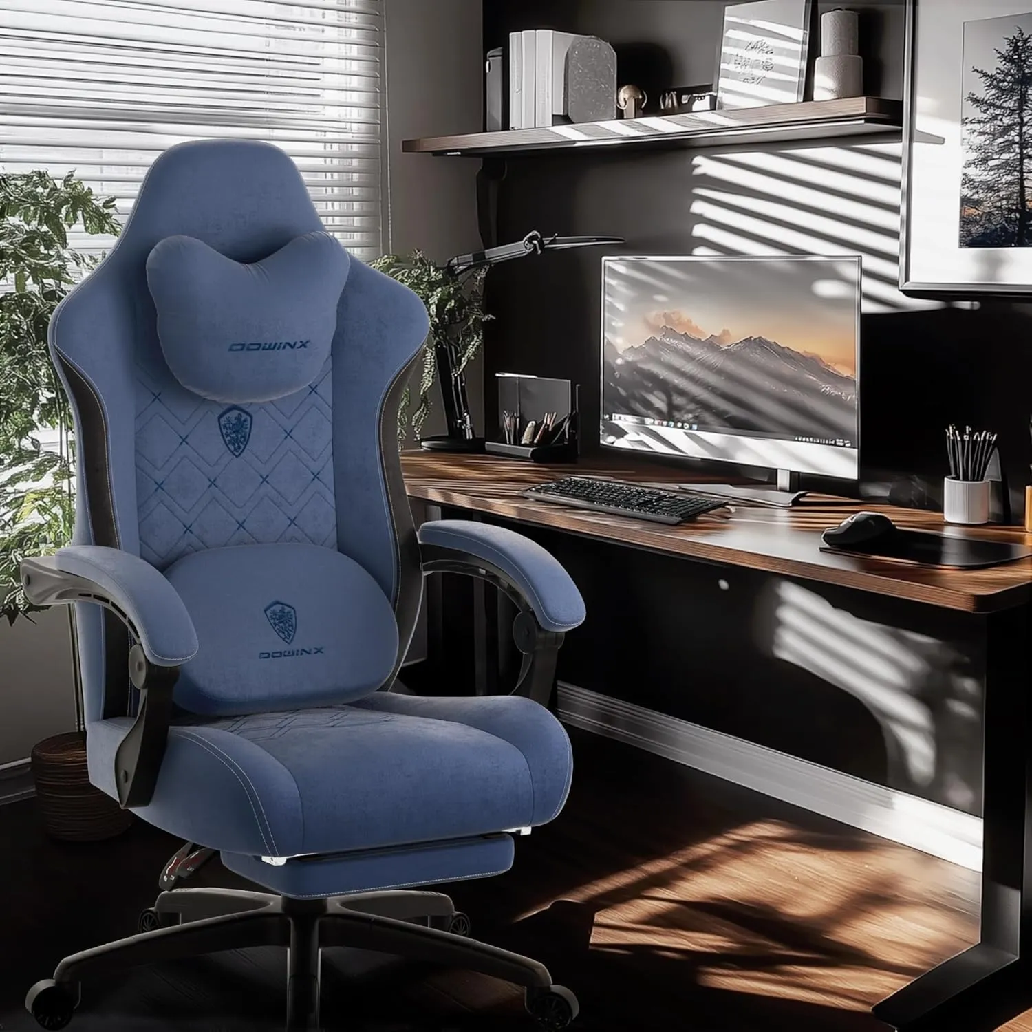 Dowinx Fabric Gaming Chair with Heated Massage Lumbar Support, Gamer Chairs for Adults, Big and Tall Game Chair with Pocket Spring Cushion and Footrest, Recliner High Back PC Chairs for Adult,Blue