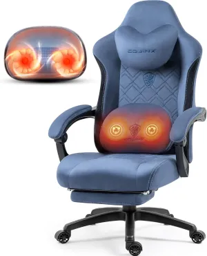 Dowinx Fabric Gaming Chair with Heated Massage Lumbar Support, Gamer Chairs for Adults, Big and Tall Game Chair with Pocket Spring Cushion and Footrest, Recliner High Back PC Chairs for Adult,Blue