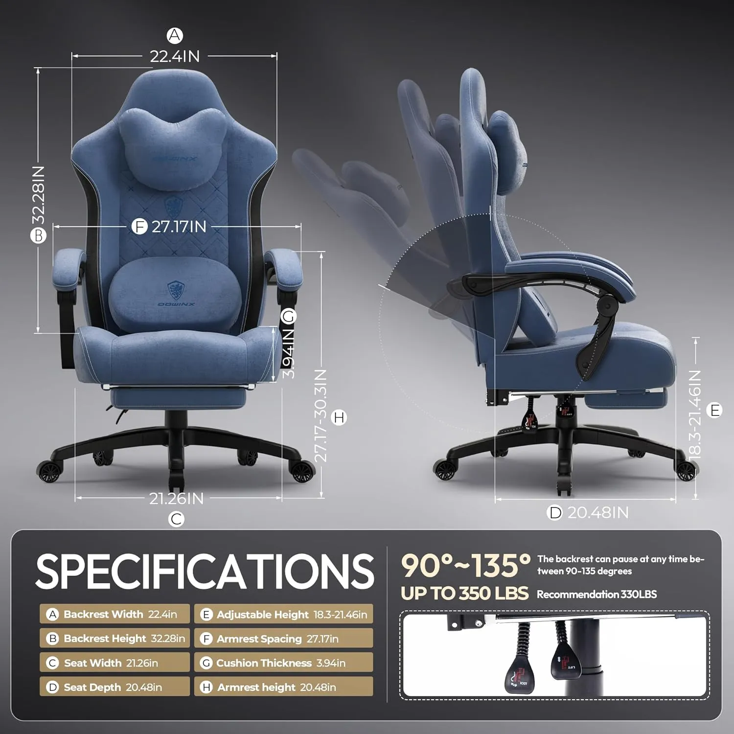 Dowinx Fabric Gaming Chair with Heated Massage Lumbar Support, Gamer Chairs for Adults, Big and Tall Game Chair with Pocket Spring Cushion and Footrest, Recliner High Back PC Chairs for Adult,Blue