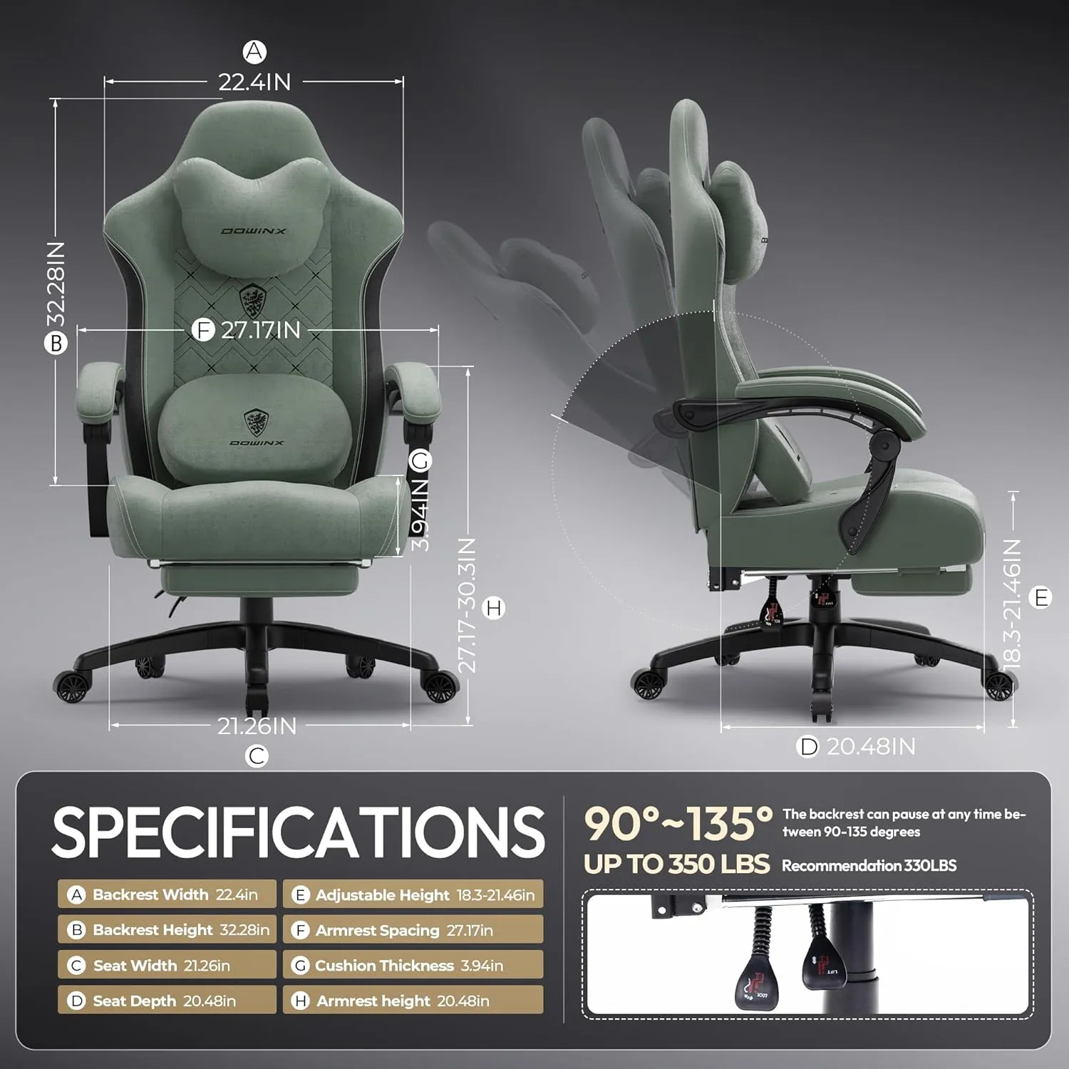 Dowinx Fabric Gaming Chair with Heated Massage Lumbar Support, Gamer Chairs for Adults, Big and Tall Game Chair with Pocket Spring Cushion and Footrest, Recliner High Back PC Chairs for Adult,Green