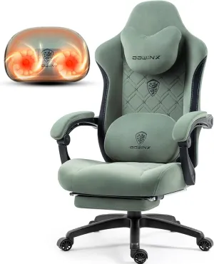 Dowinx Fabric Gaming Chair with Heated Massage Lumbar Support, Gamer Chairs for Adults, Big and Tall Game Chair with Pocket Spring Cushion and Footrest, Recliner High Back PC Chairs for Adult,Green