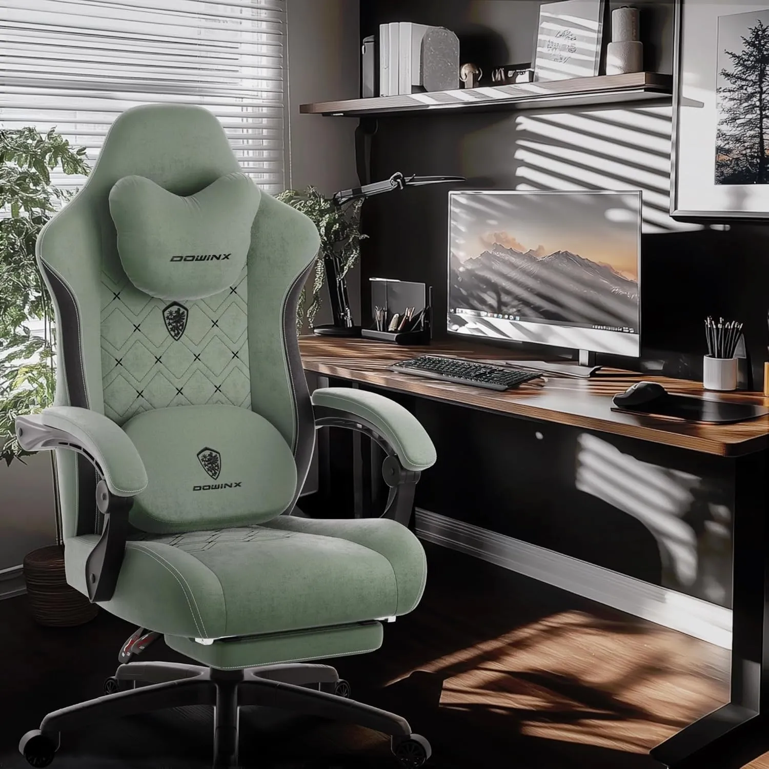 Dowinx Fabric Gaming Chair with Heated Massage Lumbar Support, Gamer Chairs for Adults, Big and Tall Game Chair with Pocket Spring Cushion and Footrest, Recliner High Back PC Chairs for Adult,Green