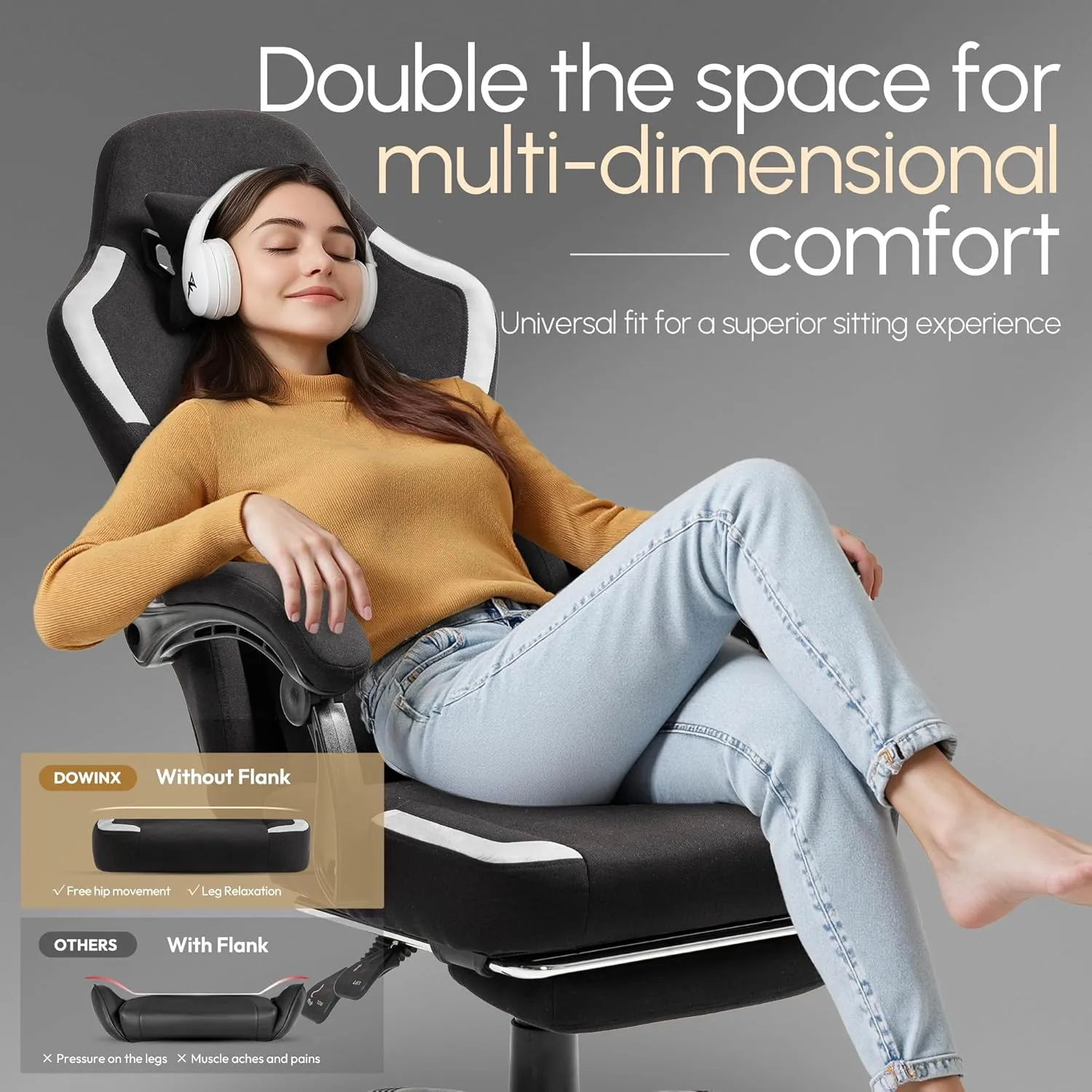 Dowinx Fabric Gaming Chair with Pocket Spring Cushion,Breathable Computer Chair with Massage Lumbar Support and Footrest,High Back Game Office Chair for Adult,Black