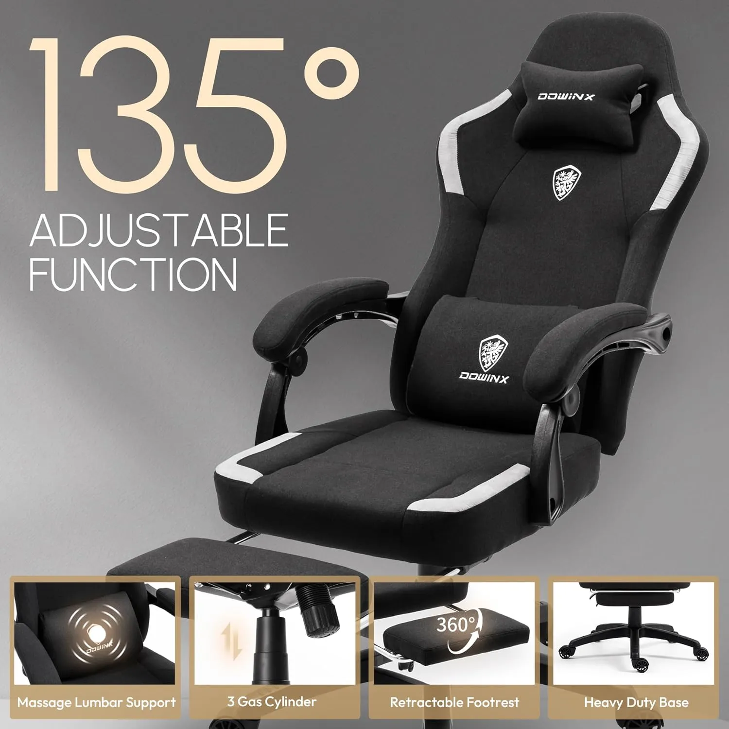 Dowinx Fabric Gaming Chair with Pocket Spring Cushion,Breathable Computer Chair with Massage Lumbar Support and Footrest,High Back Game Office Chair for Adult,Black
