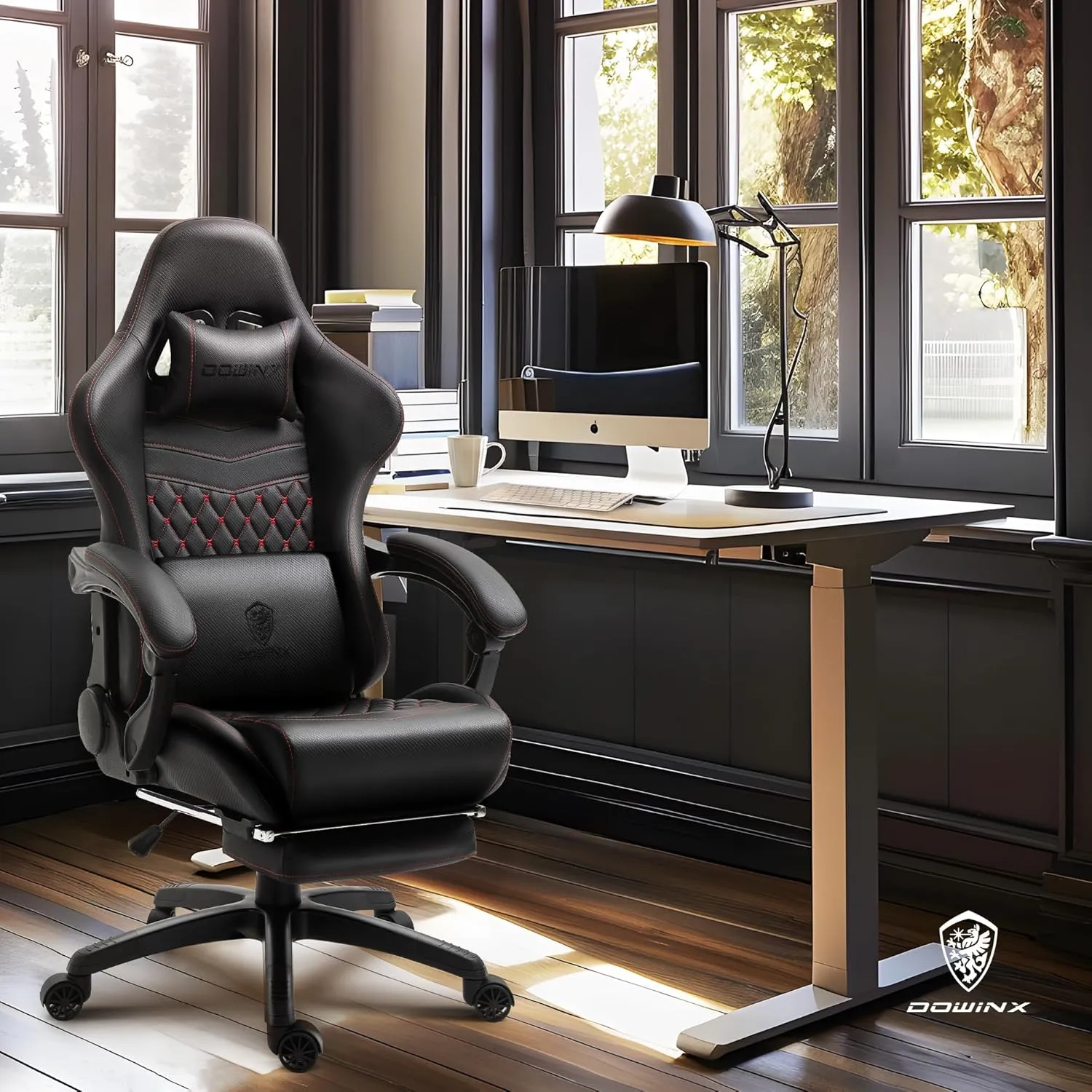 Dowinx Gaming Chair Big and Tall, Ergonomic Gamer Chair for Adults with Footrest, High Back Comfortable Computer Chair Massage Lumbar Support 350Lbs PU Leather for Office Game, Black