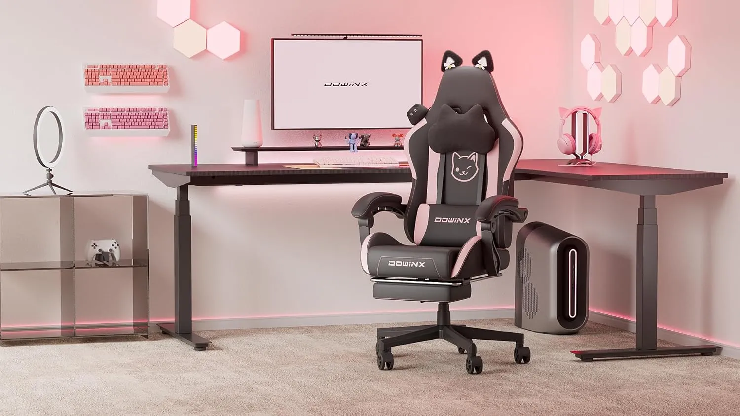 Dowinx Gaming Chair Cute with Cat Ears and Massage Lumbar Support, Ergonomic Computer Chair for Girl with Footrest and Headrest, Comfortable Reclining Game Chair 290lbs for Adult, Teen, Black