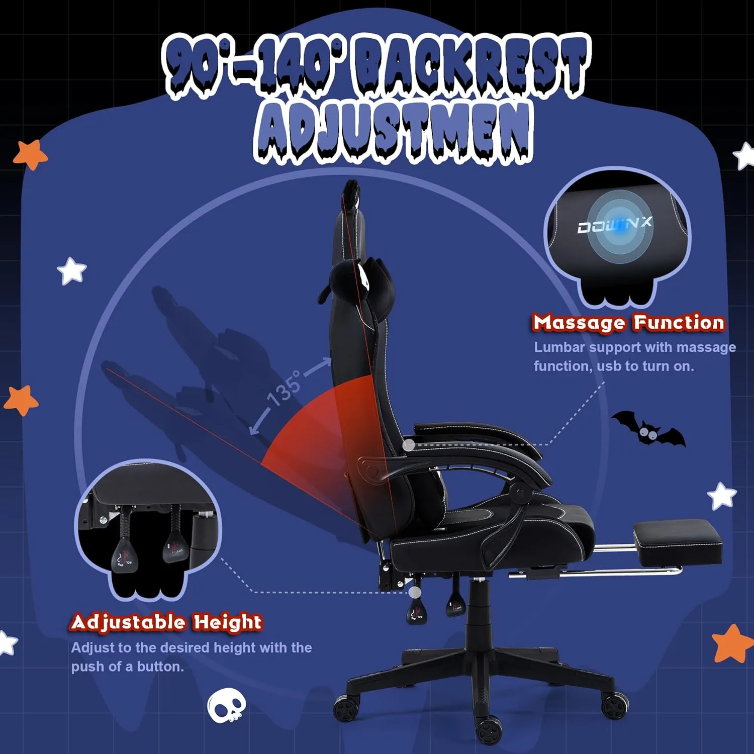 Dowinx Gaming Chair Cute with Cat Ears and Massage Lumbar Support, Ergonomic Computer Chair for Girl with Footrest and Headrest, Comfortable Reclining Game Chair 290lbs for Adult, Teen, White