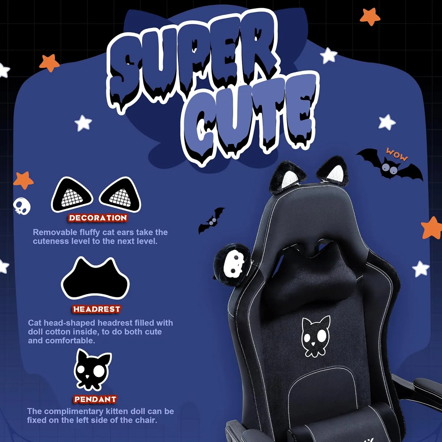 Dowinx Gaming Chair Cute with Cat Ears and Massage Lumbar Support, Ergonomic Computer Chair for Girl with Footrest and Headrest, Comfortable Reclining Game Chair 290lbs for Adult, Teen, White