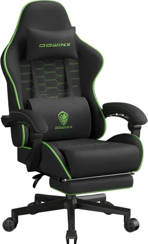 Dowinx Gaming Chair Fabric Big and Tall with Pocket Spring Cushion, Massage Game Chair Cloth with Headrest, Ergonomic Computer Chair with Footrest 350LBS, Black Green