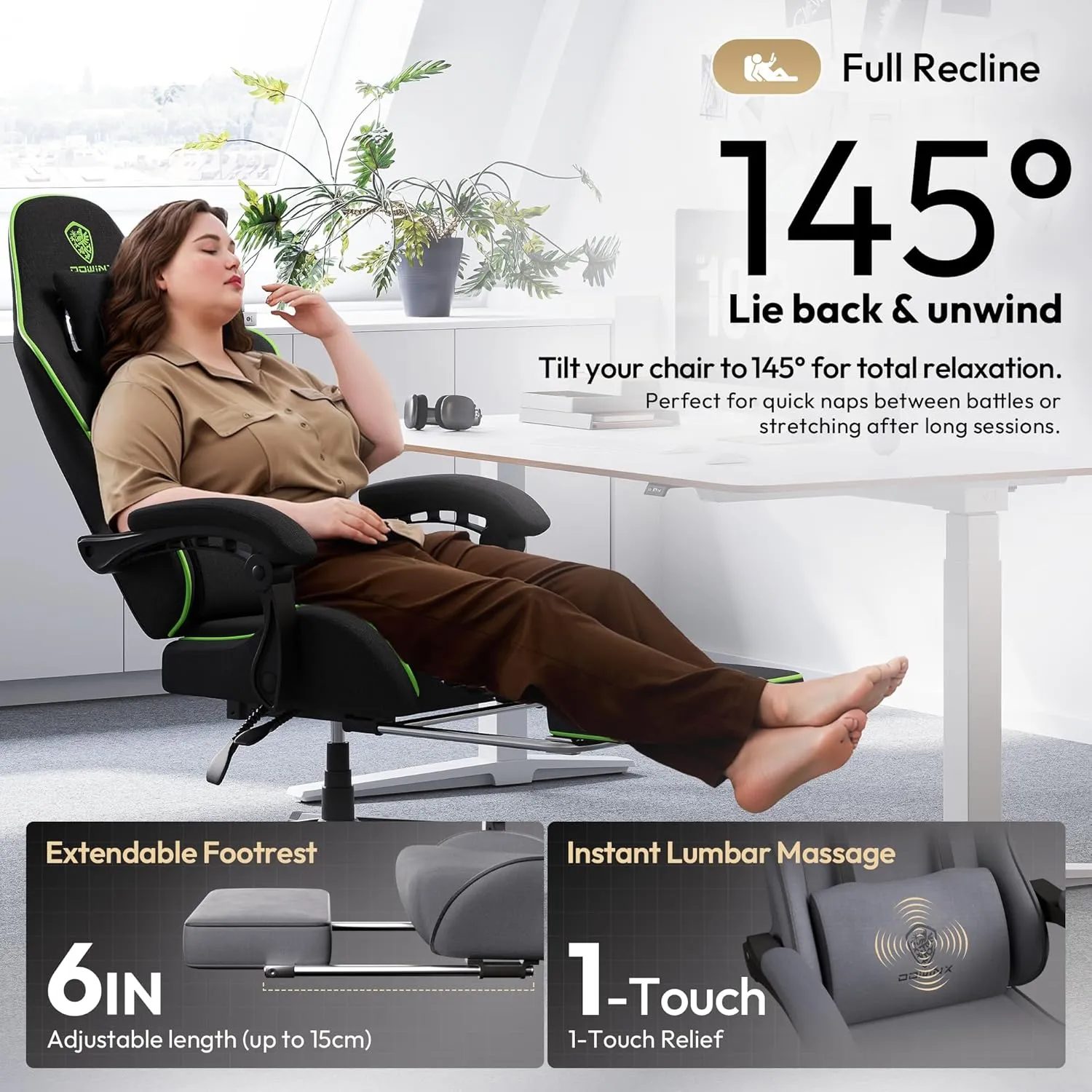Dowinx Gaming Chair Fabric Big and Tall with Pocket Spring Cushion, Massage Game Chair Cloth with Headrest, Ergonomic Computer Chair with Footrest 350LBS, Black Green