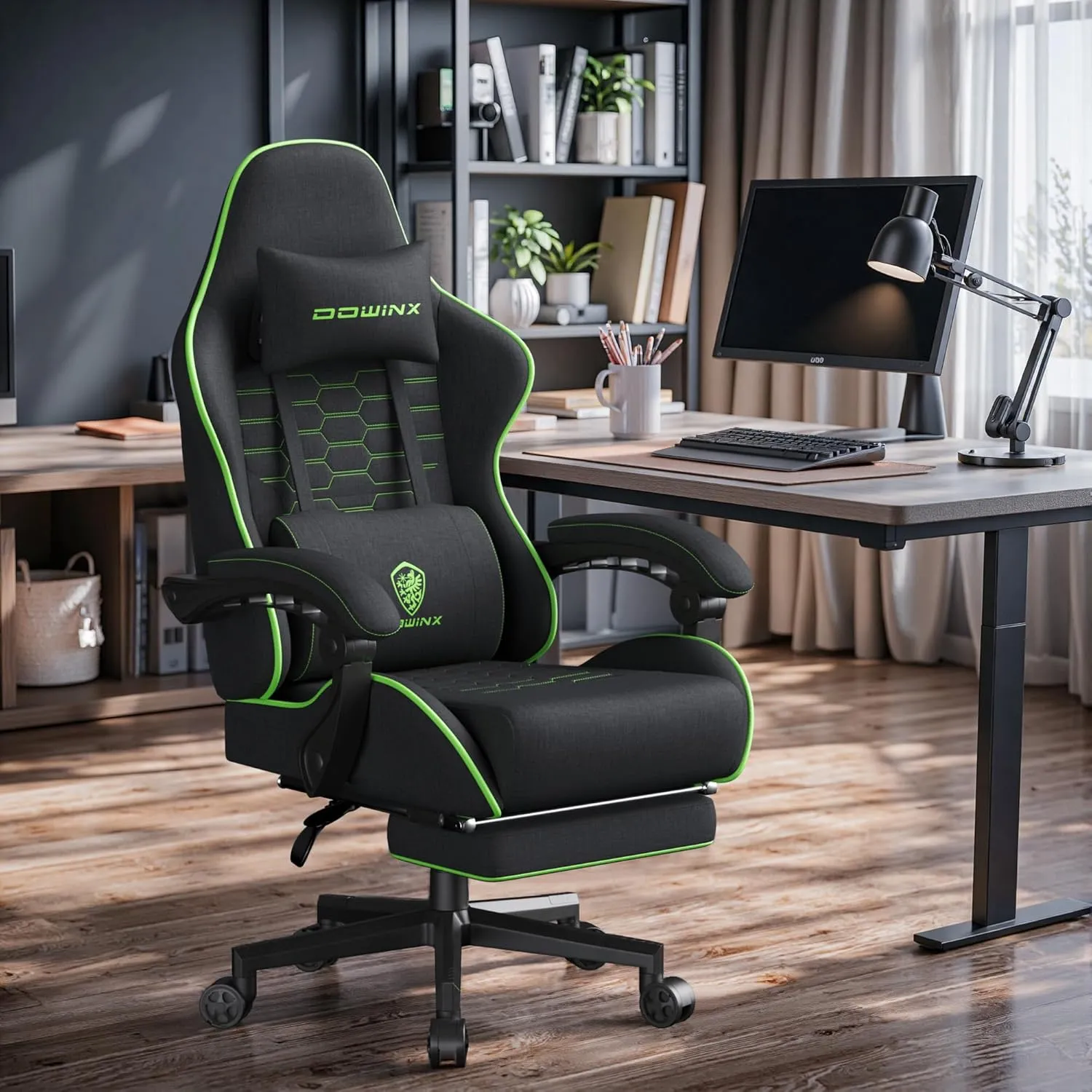 Dowinx Gaming Chair Fabric Big and Tall with Pocket Spring Cushion, Massage Game Chair Cloth with Headrest, Ergonomic Computer Chair with Footrest 350LBS, Black Green