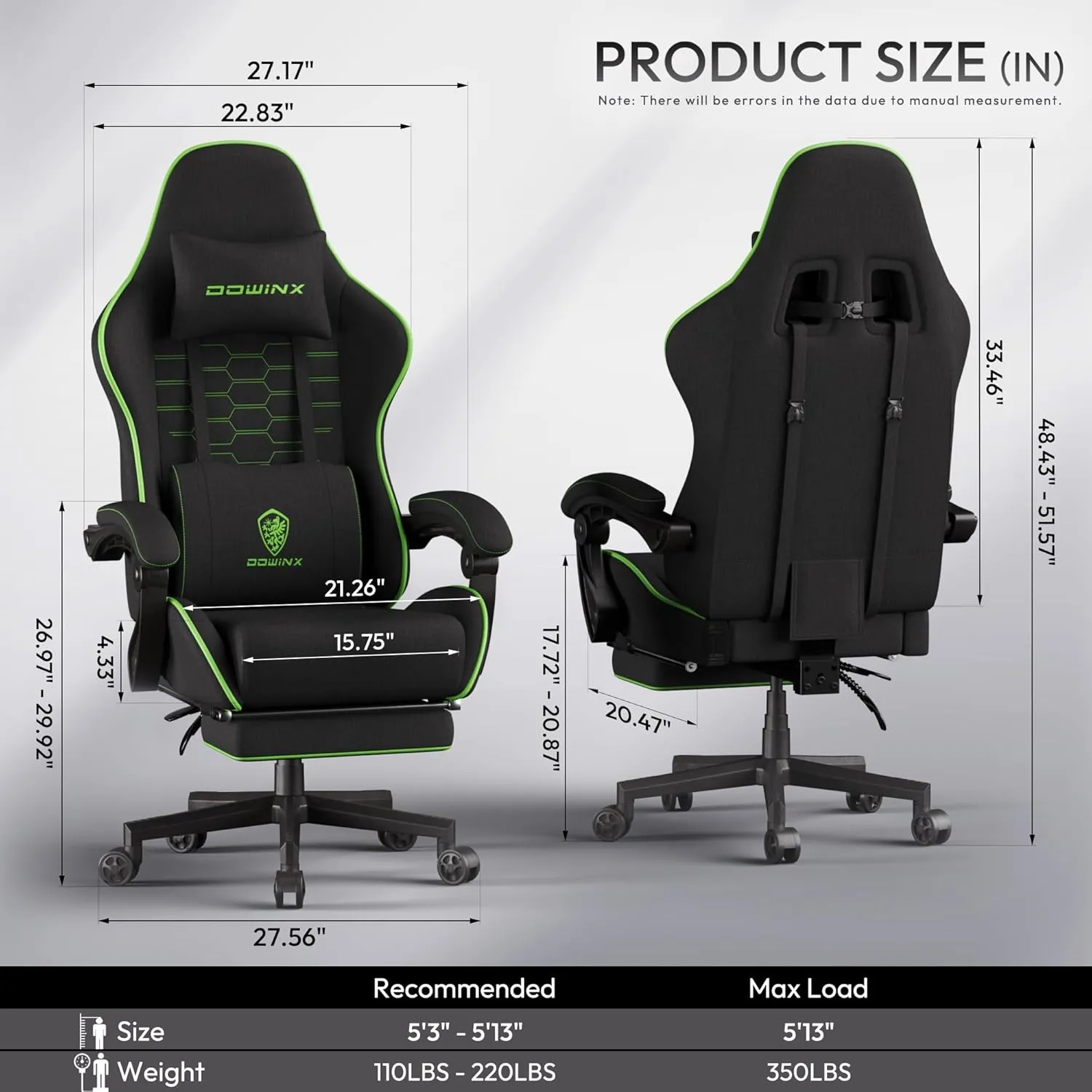 Dowinx Gaming Chair Fabric Big and Tall with Pocket Spring Cushion, Massage Game Chair Cloth with Headrest, Ergonomic Computer Chair with Footrest 350LBS, Black Green