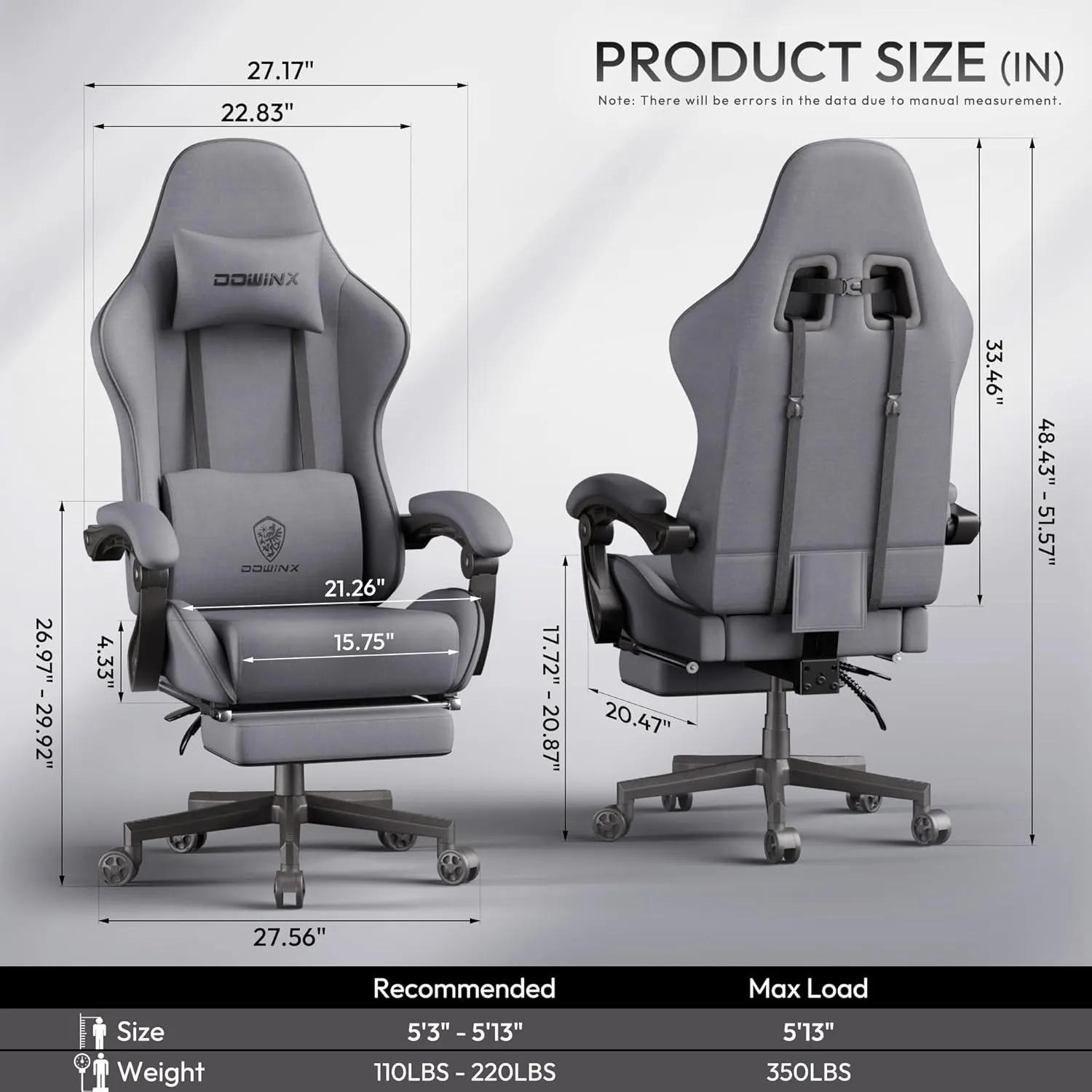 Dowinx Gaming Chair Fabric Big and Tall with Pocket Spring Cushion, Massage Game Chair Cloth with Headrest, Ergonomic Computer Chair with Footrest 350LBS, Grey