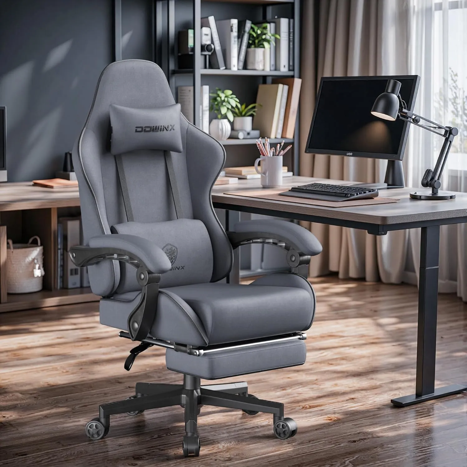 Dowinx Gaming Chair Fabric Big and Tall with Pocket Spring Cushion, Massage Game Chair Cloth with Headrest, Ergonomic Computer Chair with Footrest 350LBS, Grey
