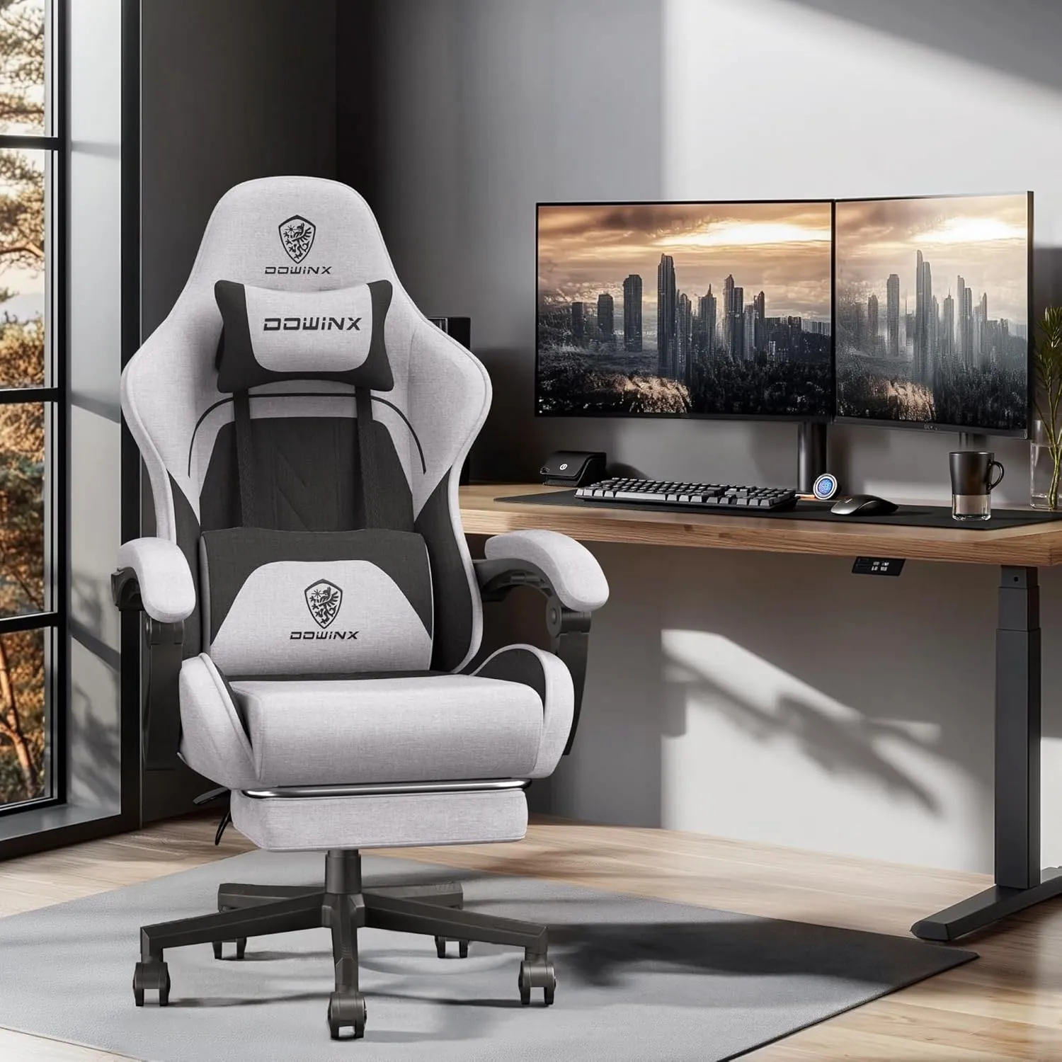 Dowinx Gaming Chair Fabric with Coil Spring Cushion, Ergonomic Game Chair for Adults with Footrest and Massage Lumbar Support, Cloth Computer Office Chair 290LBS, Black Grey