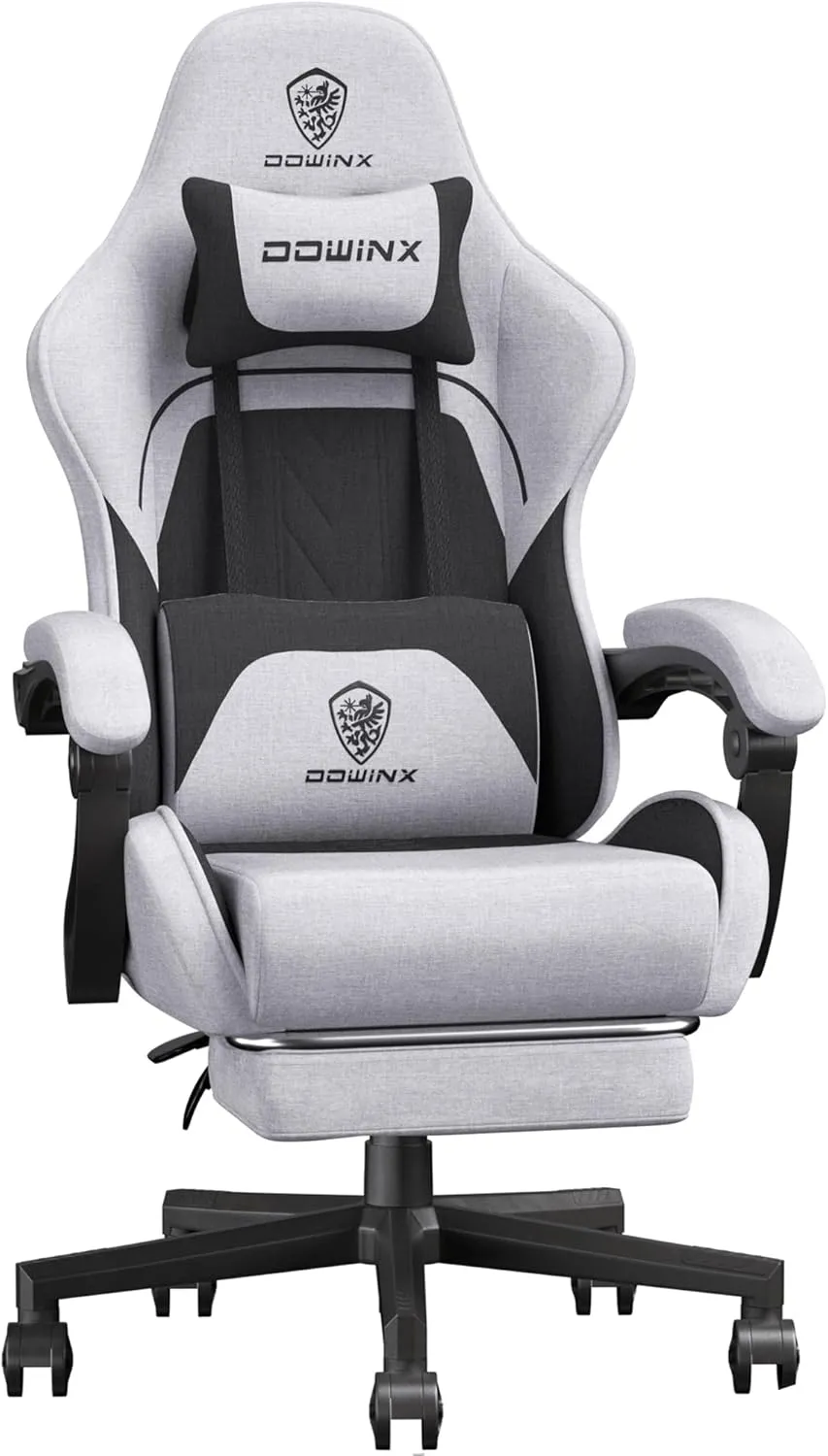 Dowinx Gaming Chair Fabric with Coil Spring Cushion, Ergonomic Game Chair for Adults with Footrest and Massage Lumbar Support, Cloth Computer Office Chair 290LBS, Black Grey