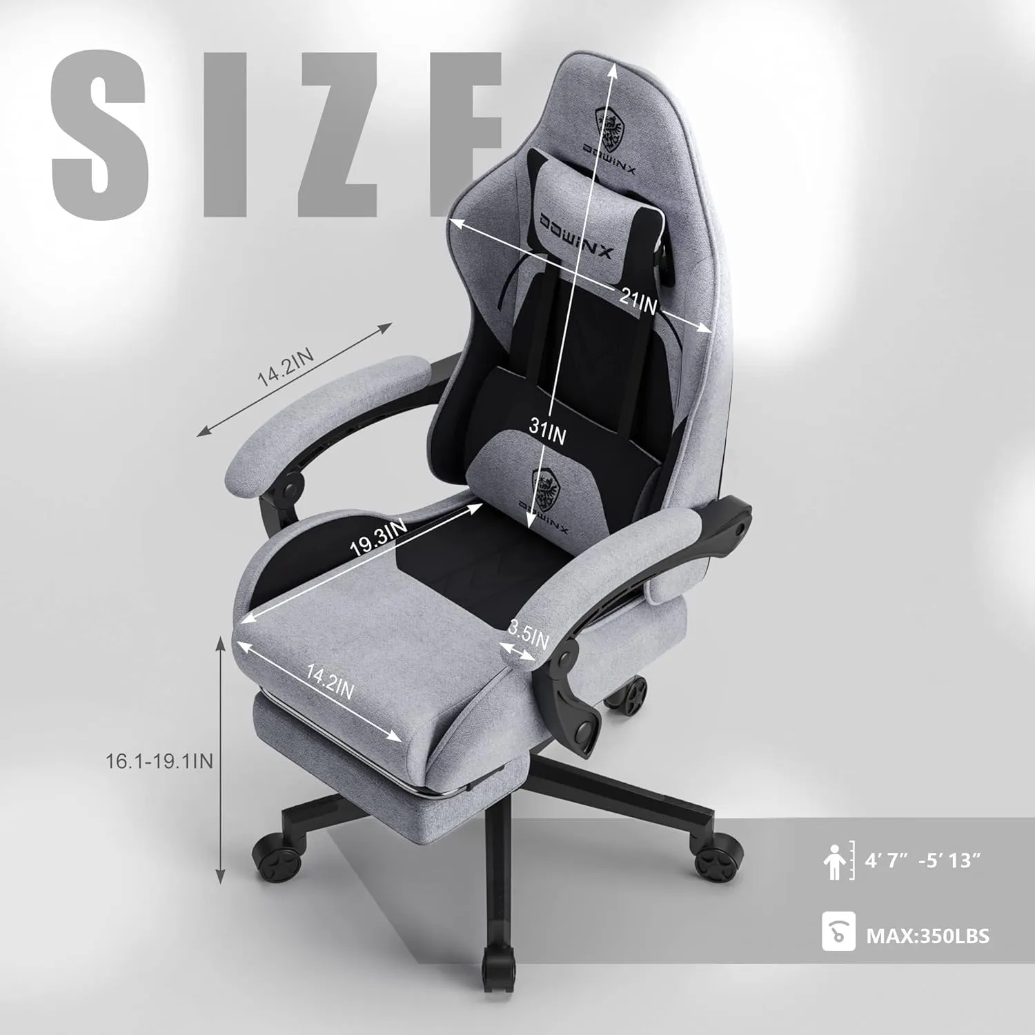 Dowinx Gaming Chair Fabric with Coil Spring Cushion, Ergonomic Game Chair for Adults with Footrest and Massage Lumbar Support, Cloth Computer Office Chair 290LBS, Black Grey