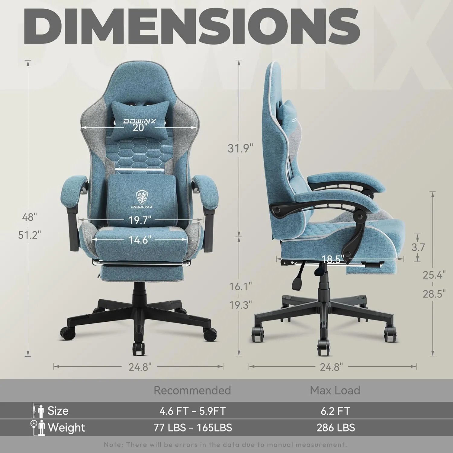 Dowinx Gaming Chair Fabric with Pocket Spring Cushion, Massage Game Chair Cloth with Headrest, Ergonomic Computer Chair with Footrest 290LBS, Blue and Grey