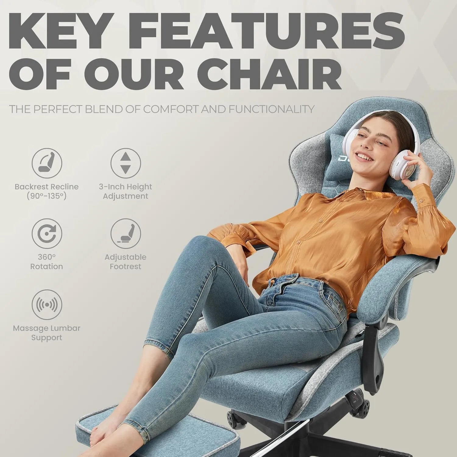 Dowinx Gaming Chair Fabric with Pocket Spring Cushion, Massage Game Chair Cloth with Headrest, Ergonomic Computer Chair with Footrest 290LBS, Blue and Grey