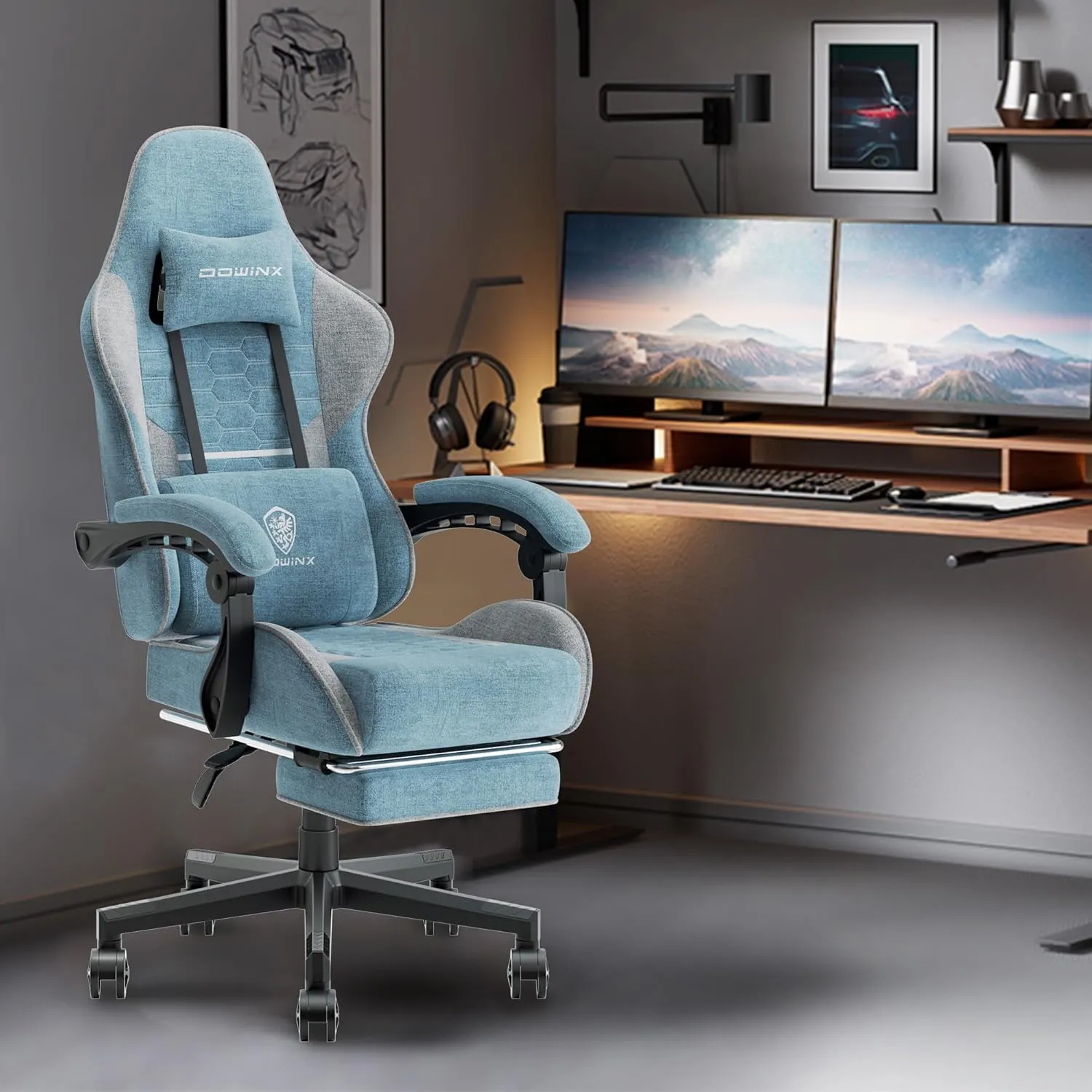 Dowinx Gaming Chair Fabric with Pocket Spring Cushion, Massage Game Chair Cloth with Headrest, Ergonomic Computer Chair with Footrest 290LBS, Blue and Grey